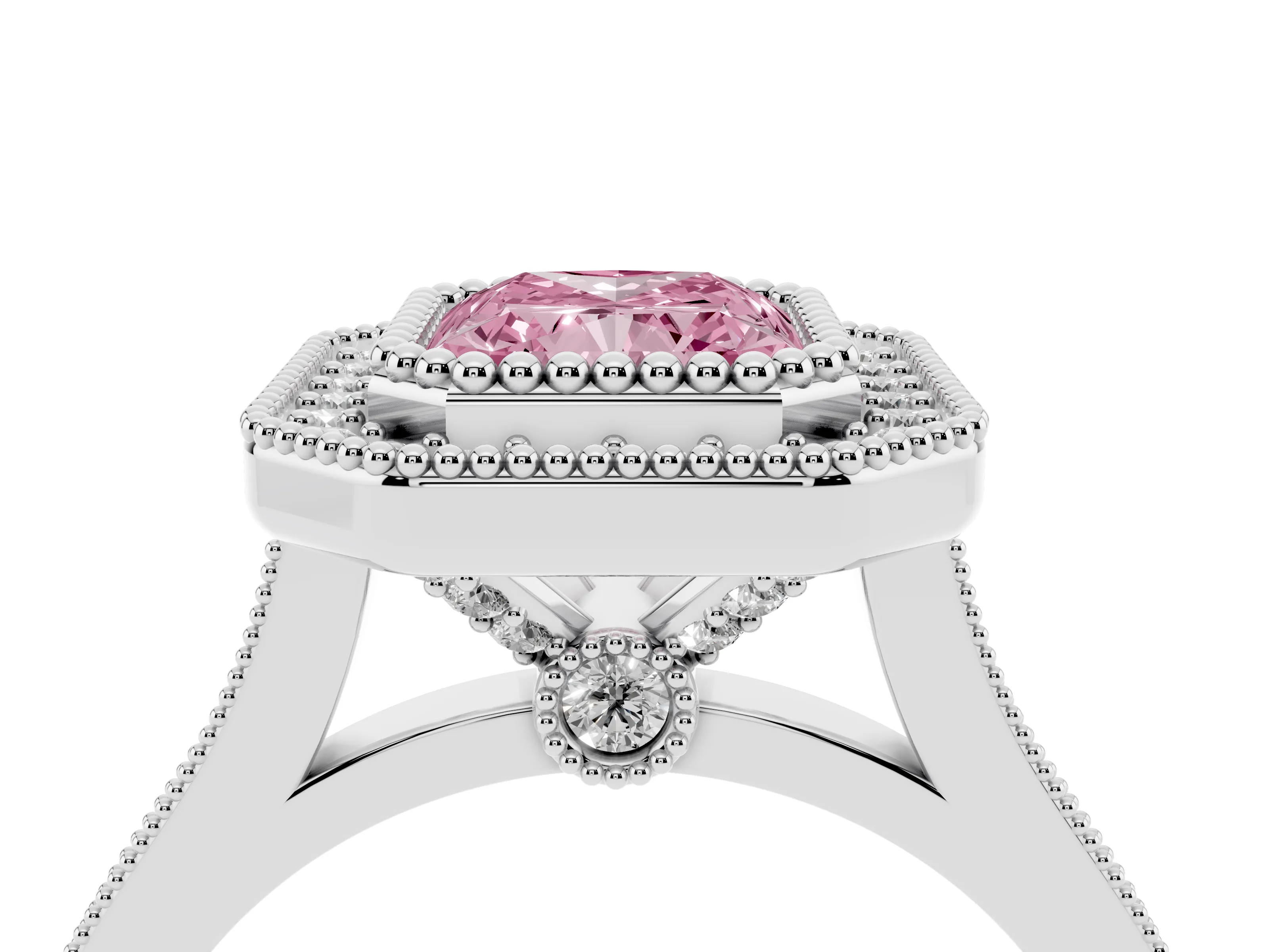 Fancy Pink Radiant Cut Diamond Halo Ring Set in White gold with Milgrain Frame and Pavé Band