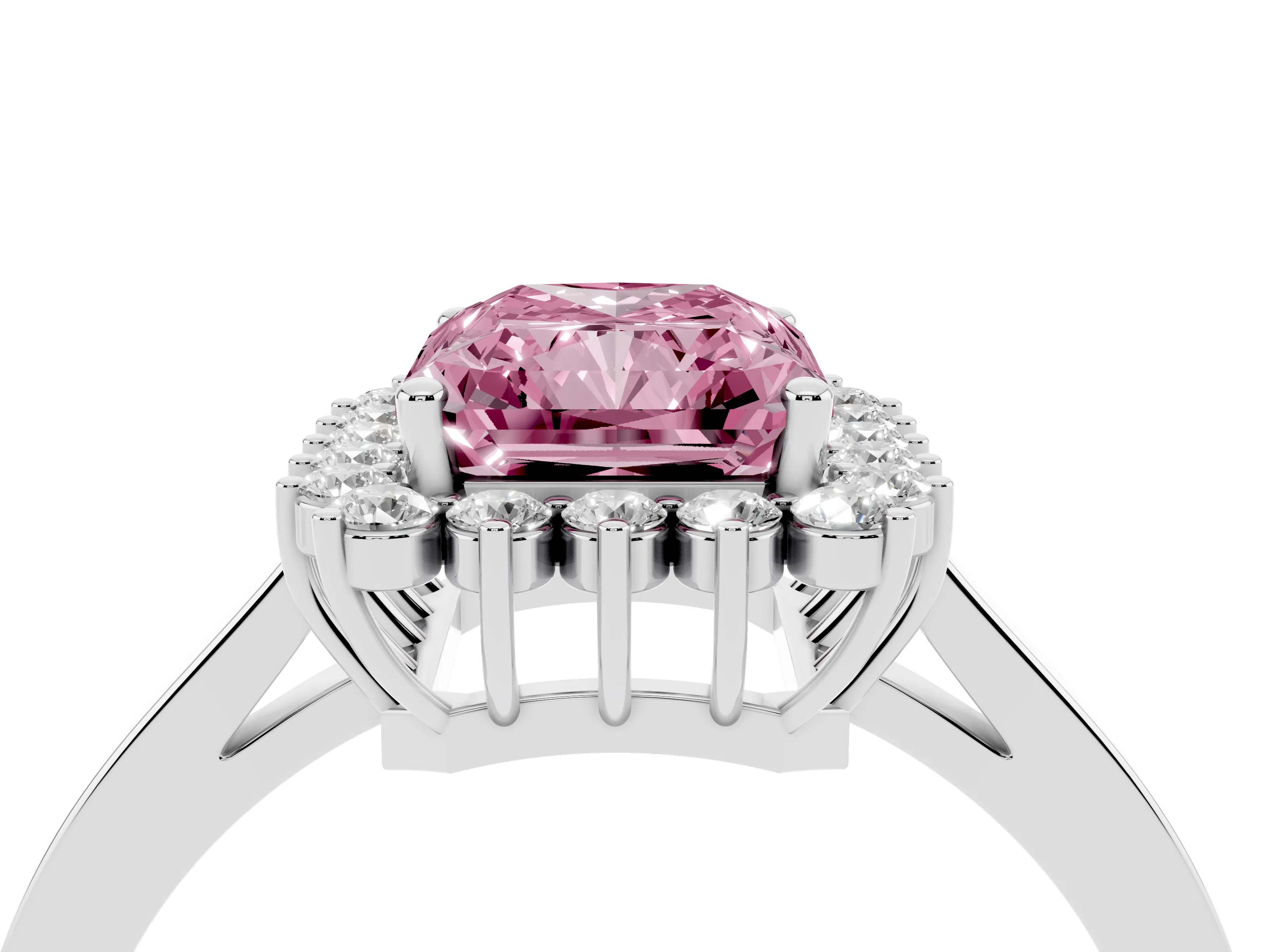 Fancy Pink Radiant Cut Diamond Halo Ring Set in White gold with Round Halo and Smooth Solitaire Band
