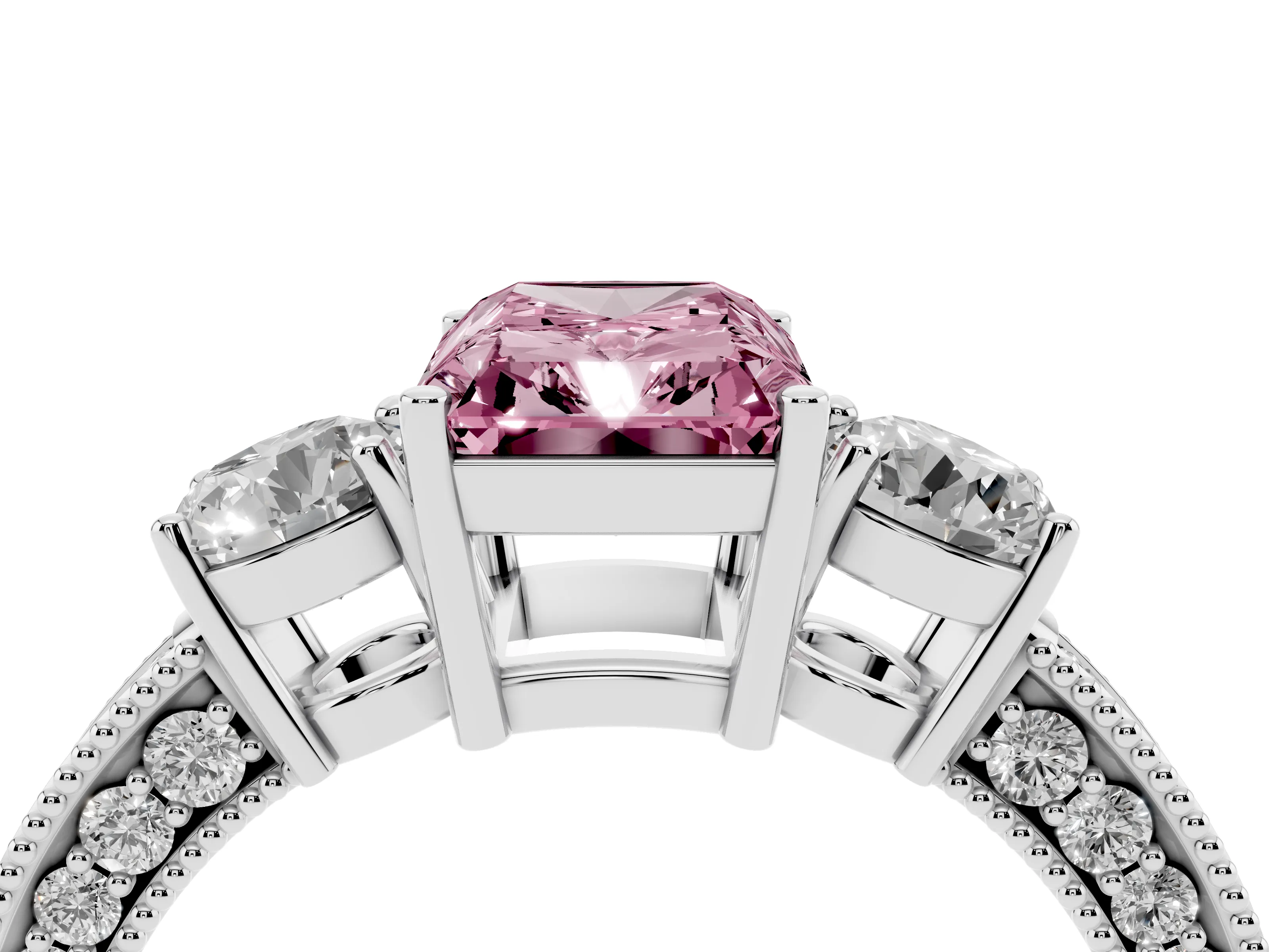 Fancy Pink Radiant Cut Diamond Three-Stone Ring Set in Platinum with Round Side Stones and Pavé Band