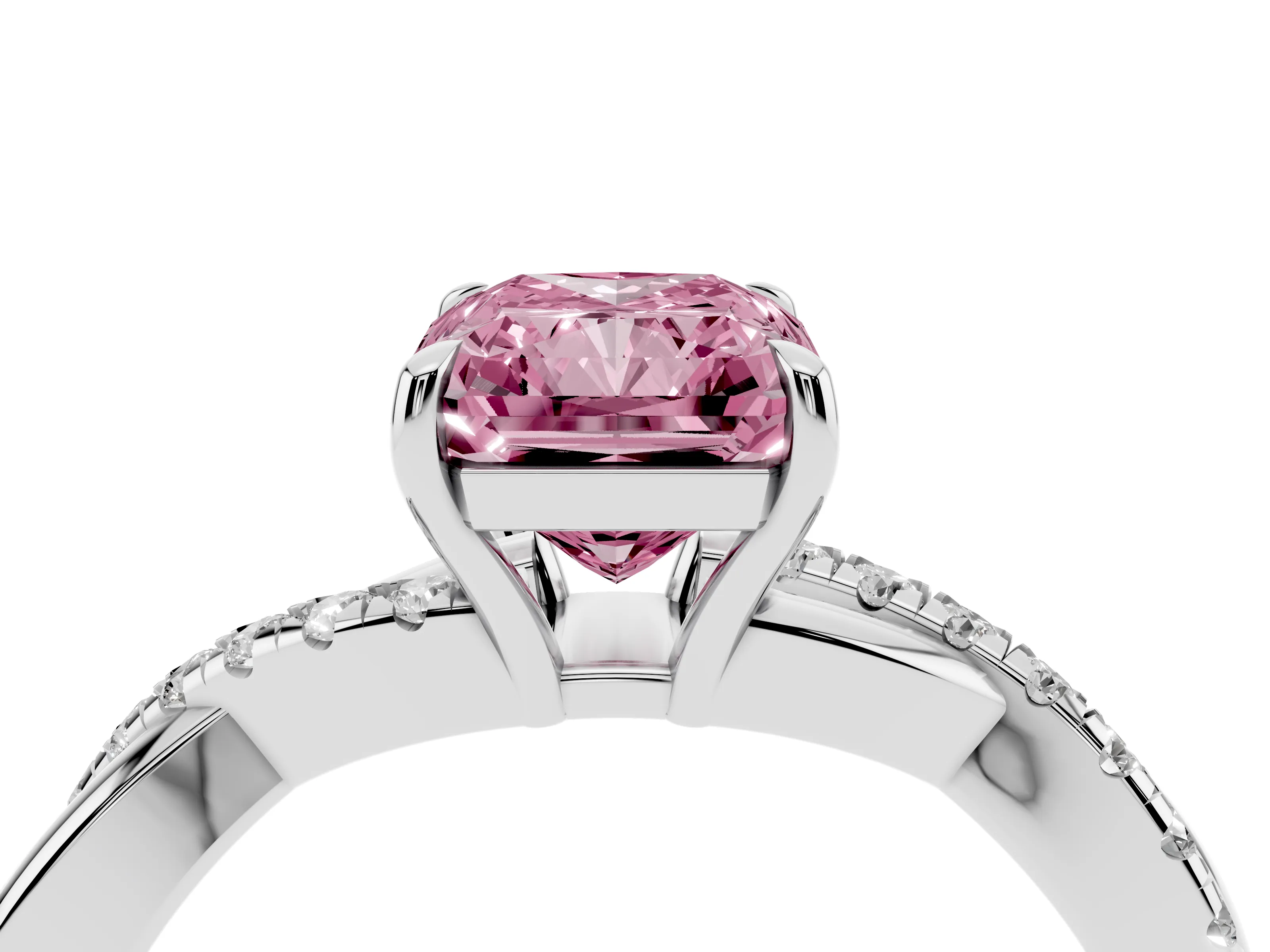 Fancy Pink Radiant Cut Diamond Twisted Pavé Band Ring Set in Silver with Prong Setting