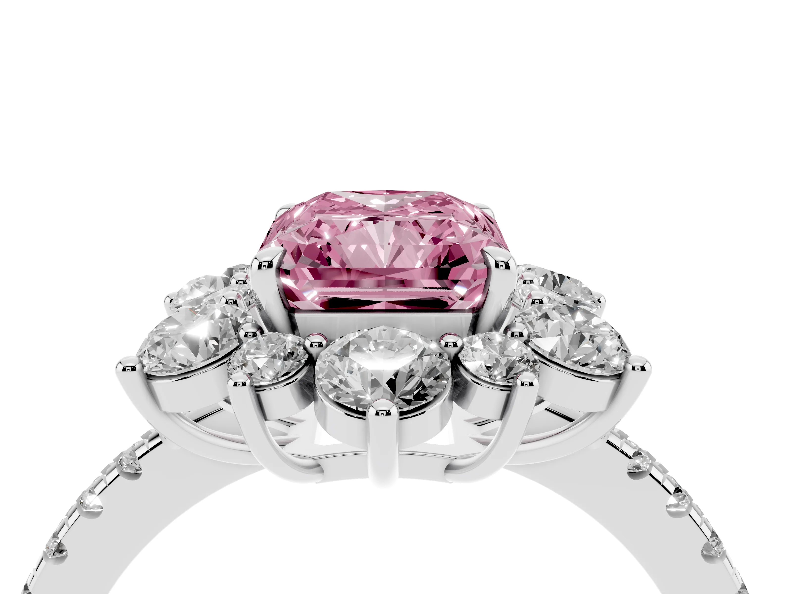 Fancy Pink Radiant Cut Diamond Floral Halo Ring Set in Silver with Round Pavé Band and Prong Setting
