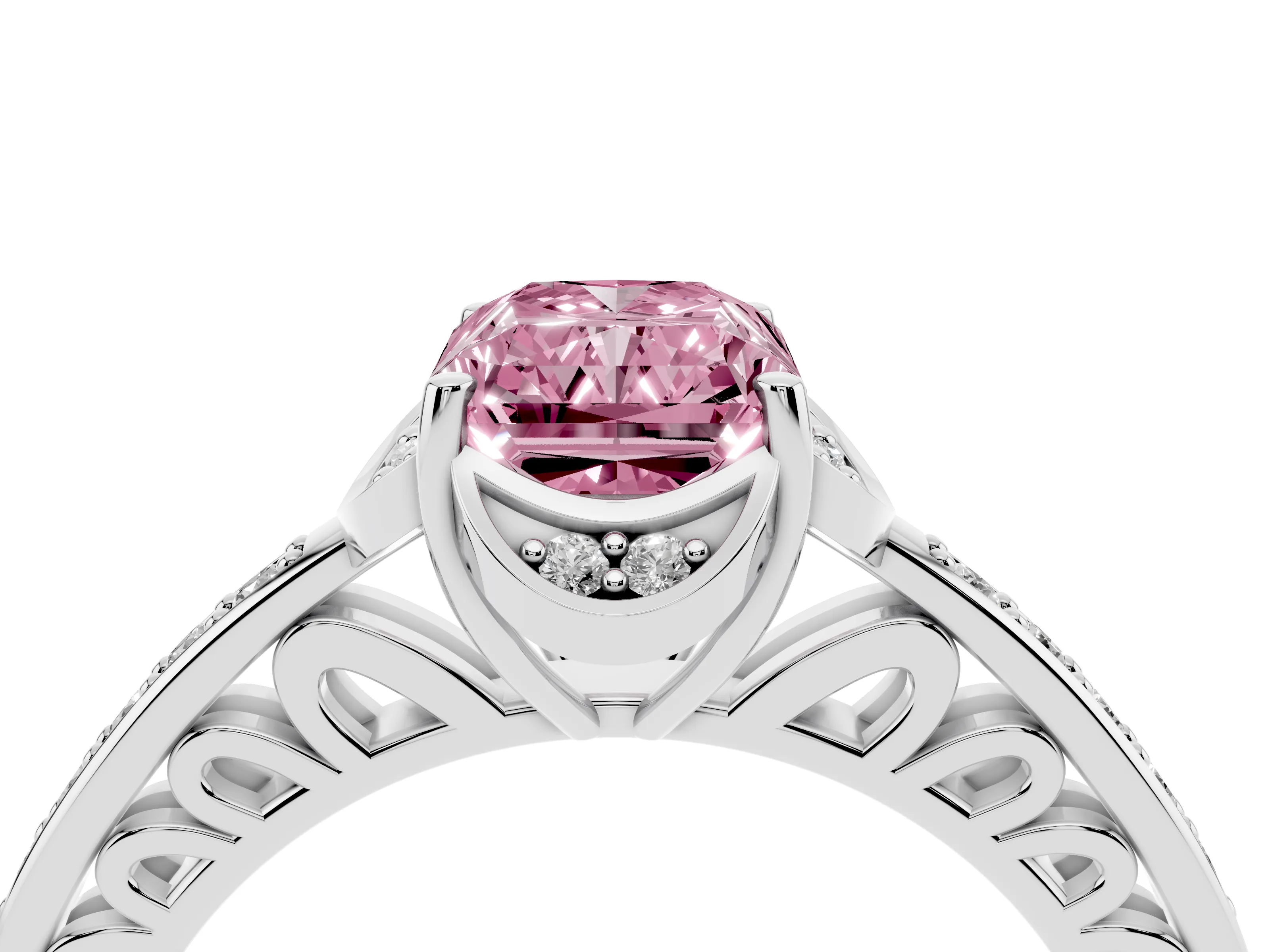 Fancy Pink Radiant Cut Diamond Halo Ring Set in Platinum with Channel Set Band and Prong Setting
