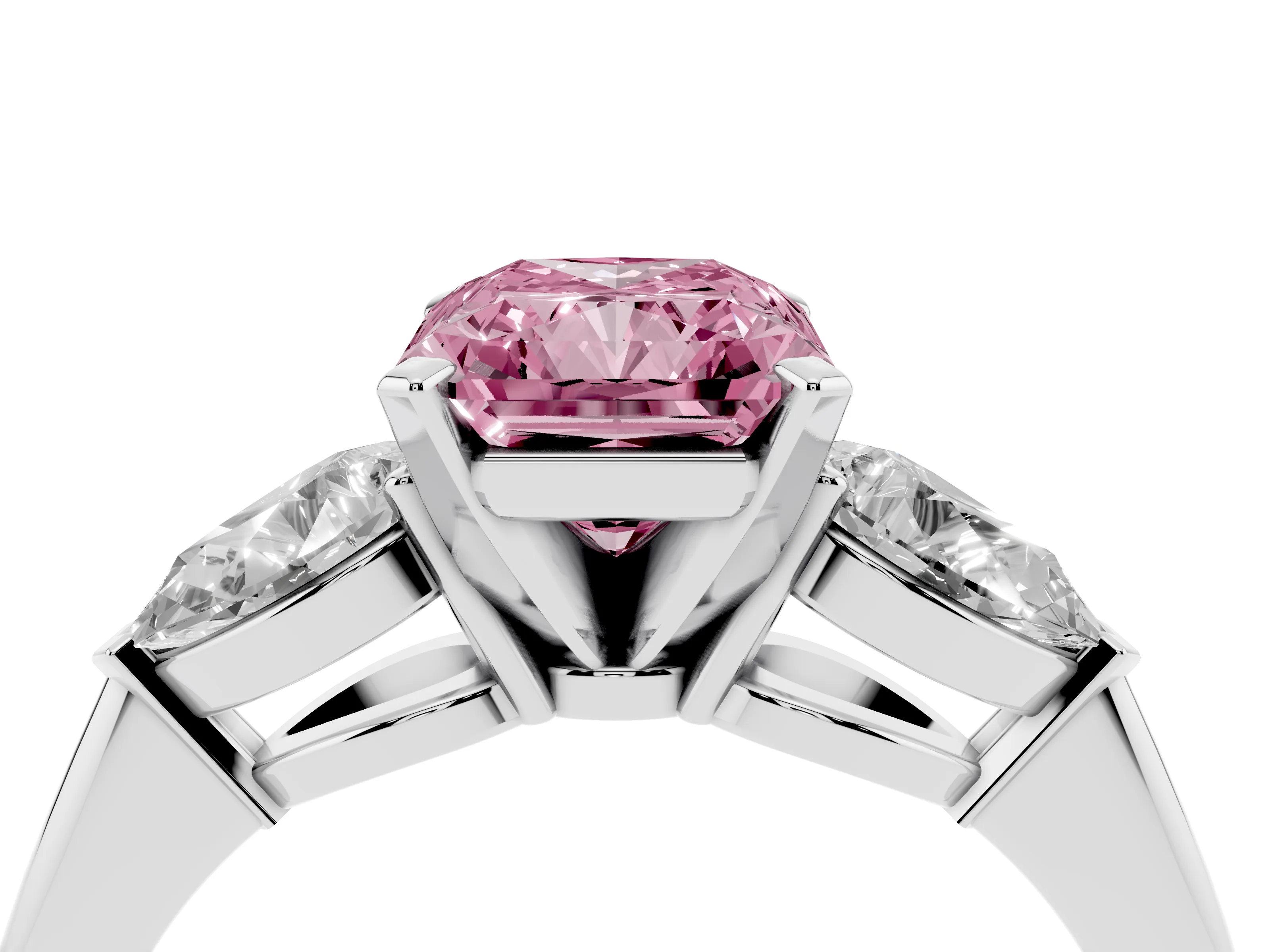 Fancy Pink Three-Stone Radiant Cut Diamond Ring Set in Silver with Pear Side Stones and Prong Setting