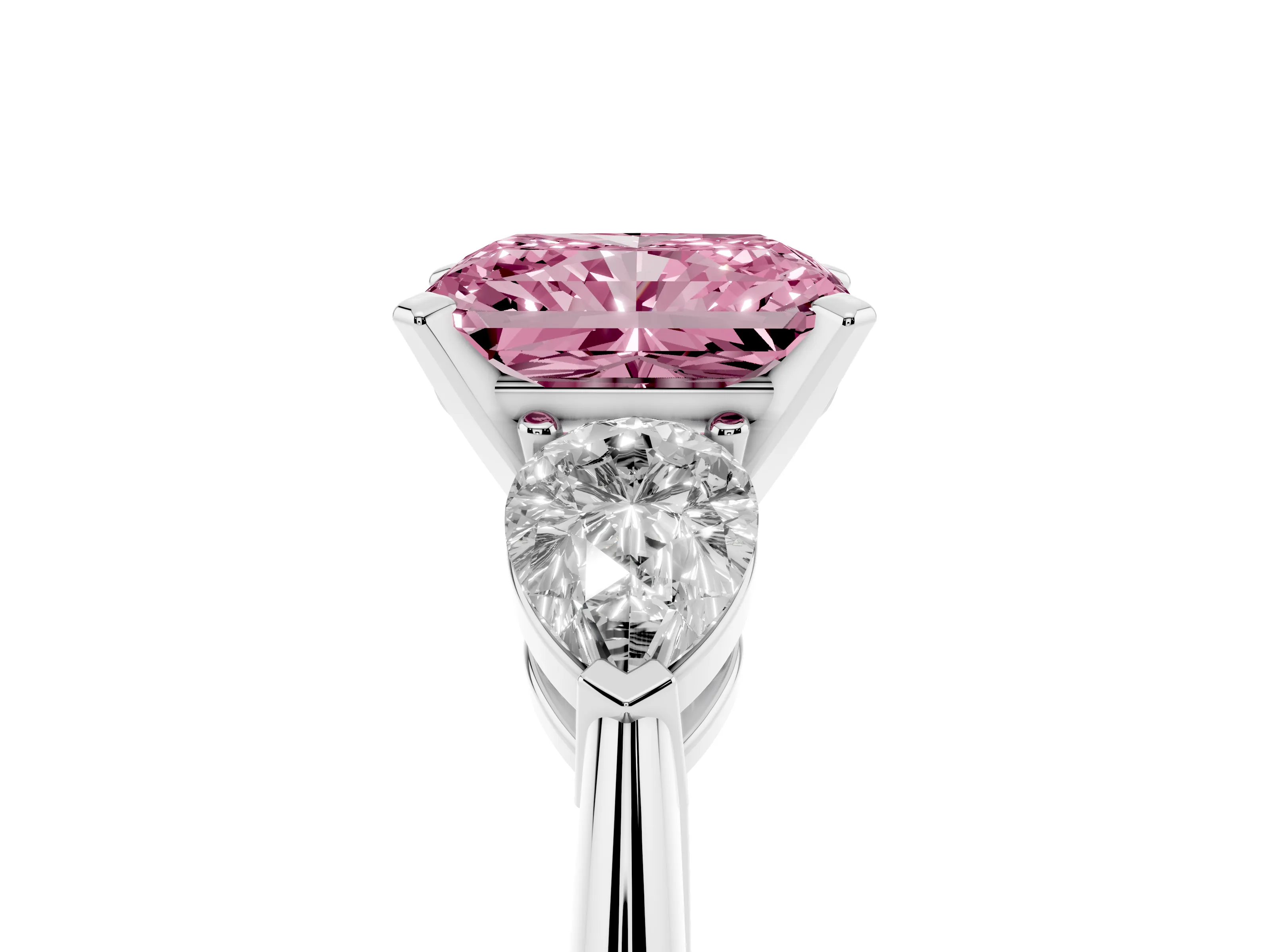 Fancy Pink Three-Stone Radiant Cut Diamond Ring Set in Silver with Pear Side Stones and Prong Setting