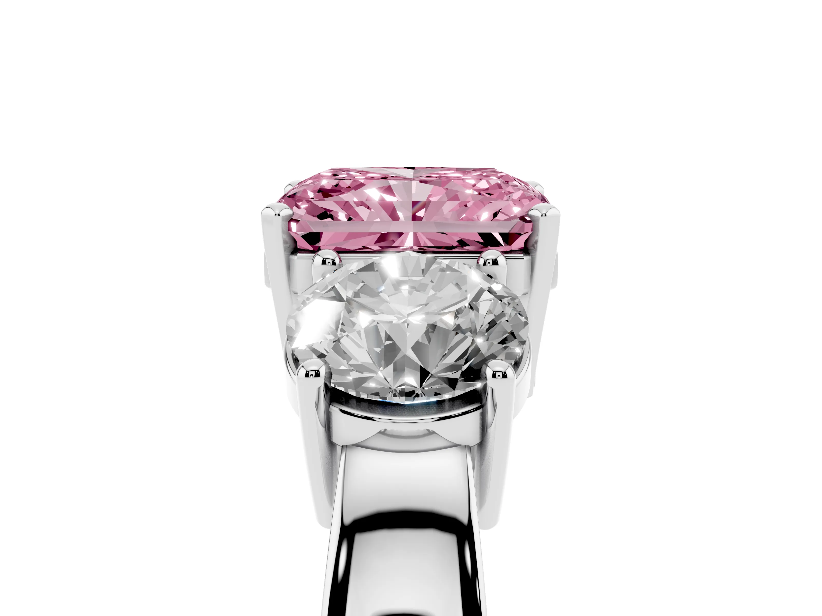Fancy Pink Radiant Cut Diamond Three-Stone Ring Set in White gold with Round Side Stones and Classic Band