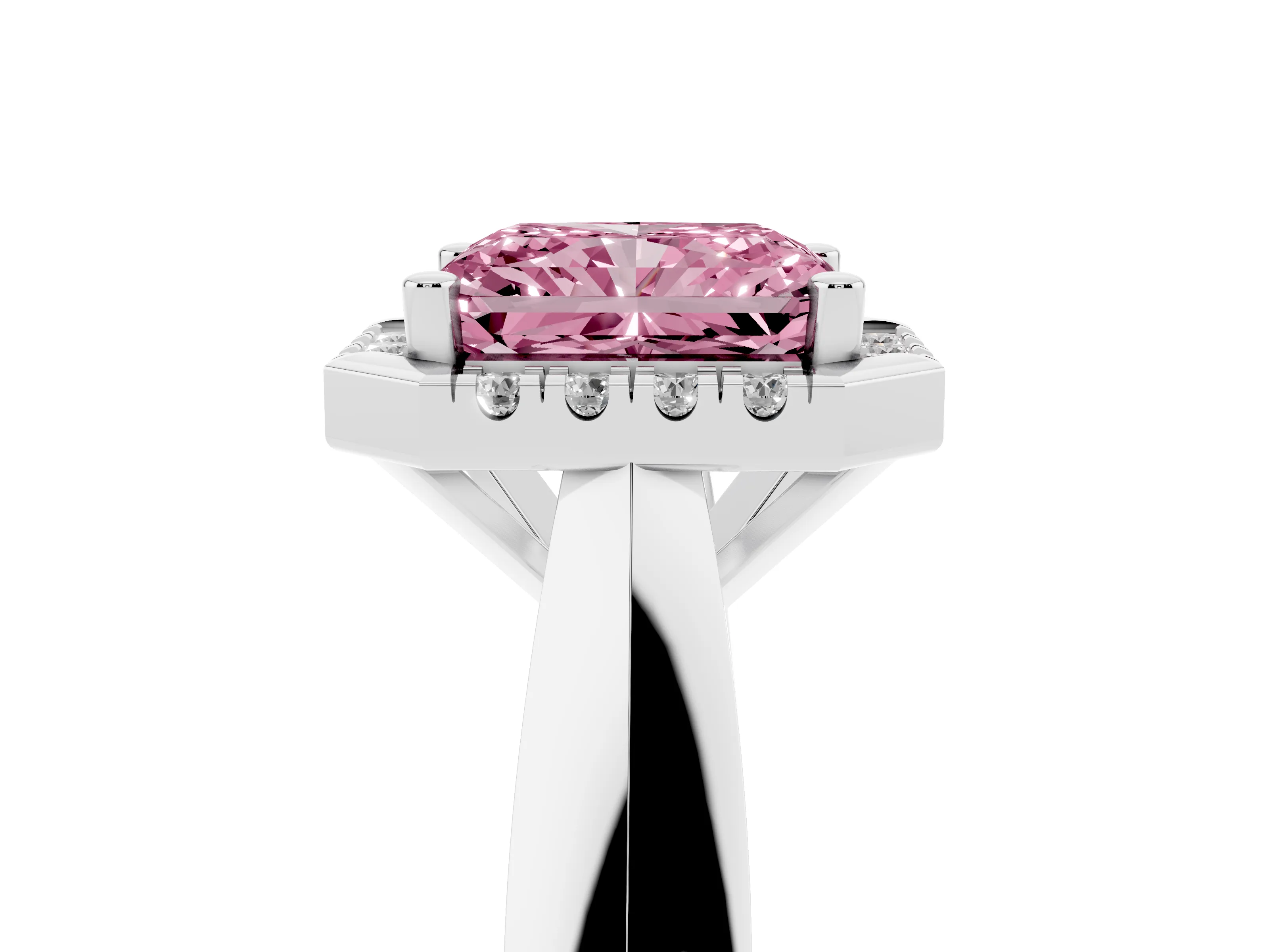 Fancy Pink Radiant Cut Diamond Halo Solitaire Engagement Ring Set in White gold with Square Band and Prong Setting