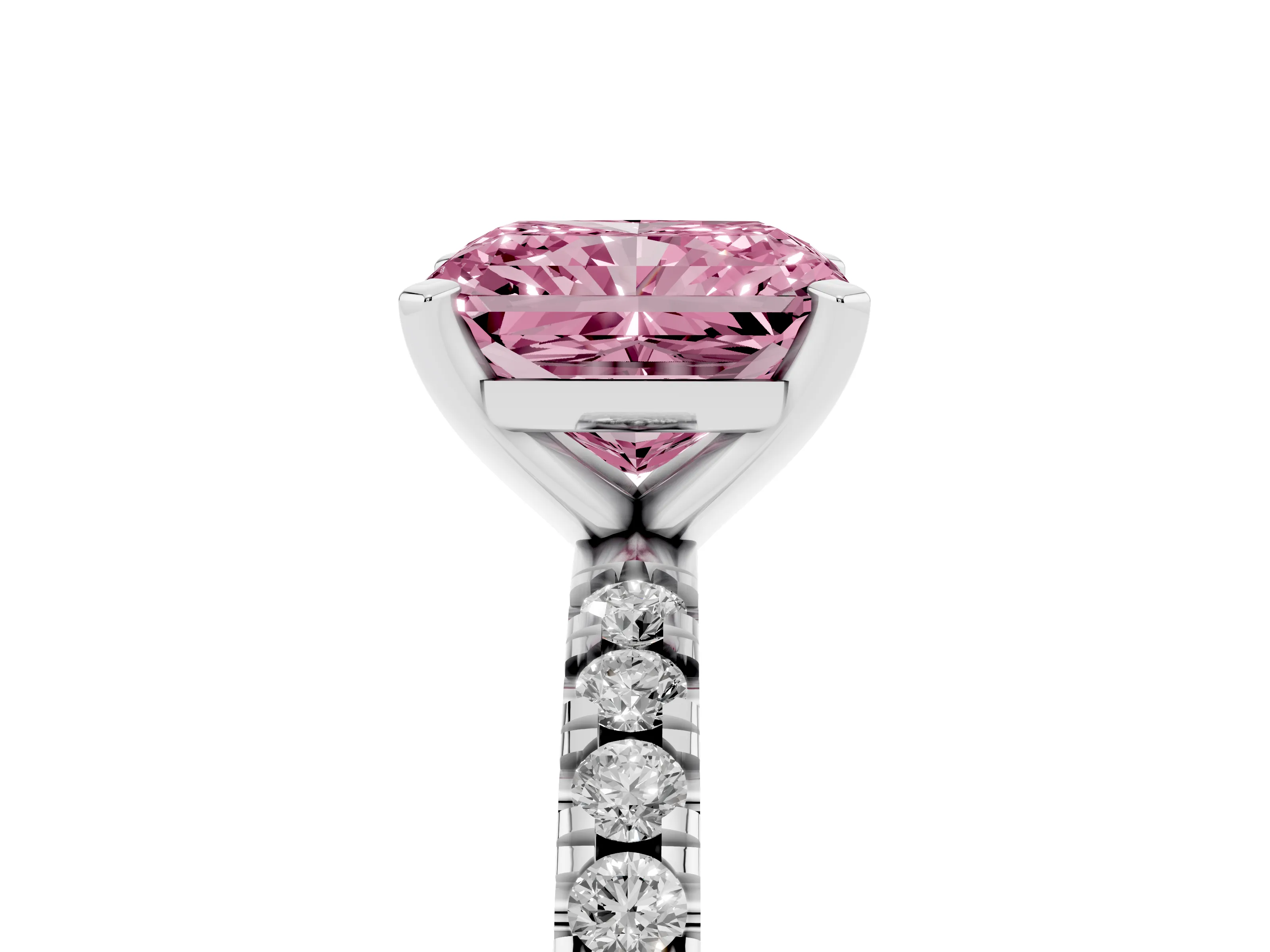 Fancy Pink Radiant Cut Diamond Pavé Band Solitaire Set in Platinum with Prong Setting