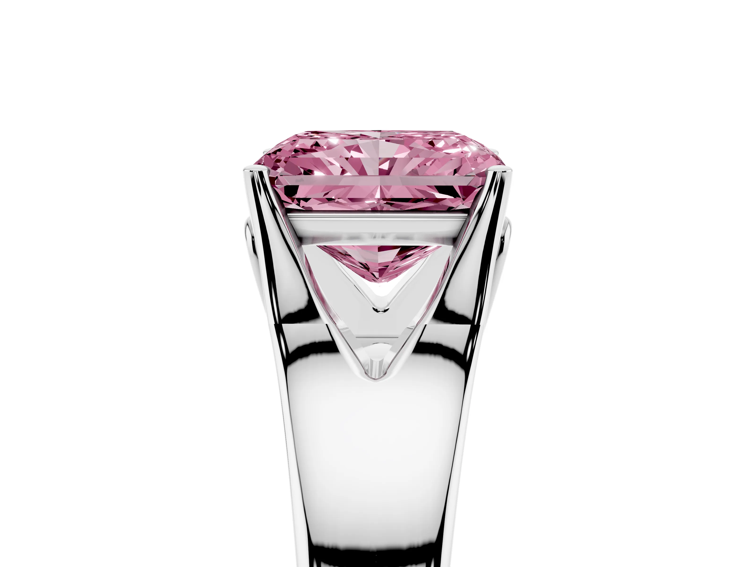Fancy Pink Radiant Cut Diamond Solitaire Ring Set in White gold with Arched Cathedral Band and Prong Setting