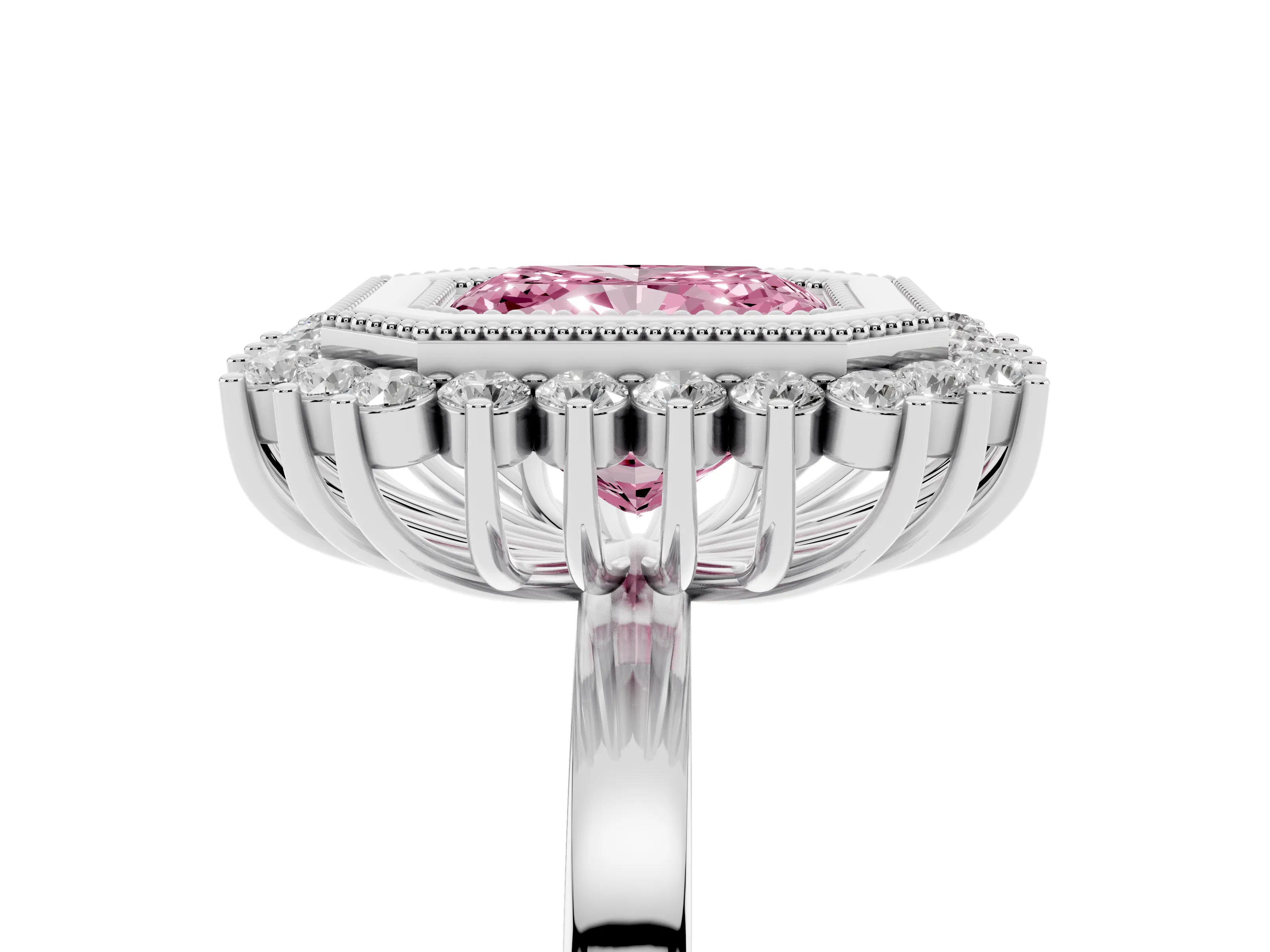 Fancy Pink Radiant Cut Diamond Halo Ring Set in White gold with Milgrain Edge and Round Prong Setting