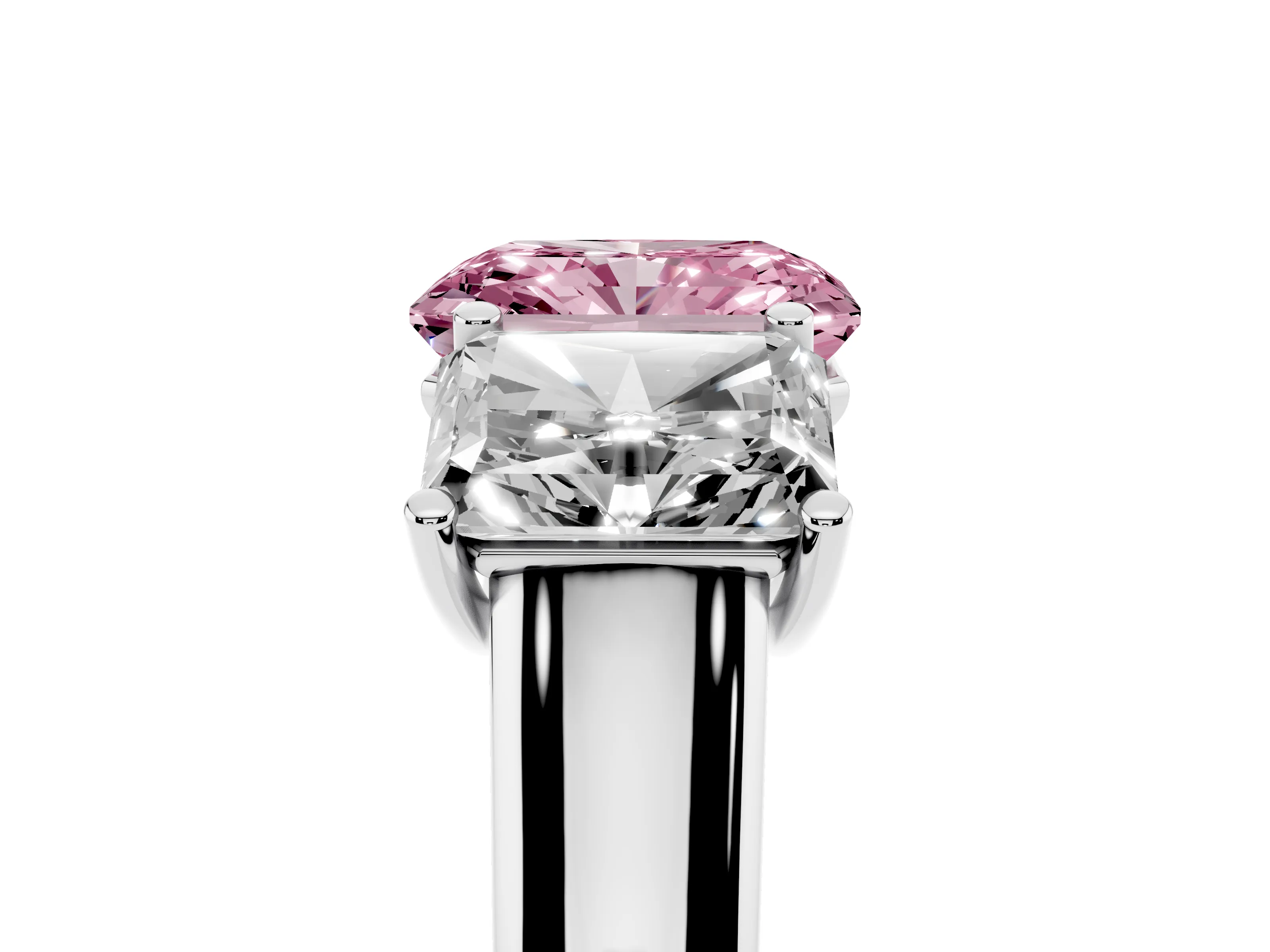 Fancy Pink Radiant Cut Diamond Three-Stone Ring Set in White gold with Plain Polished Band