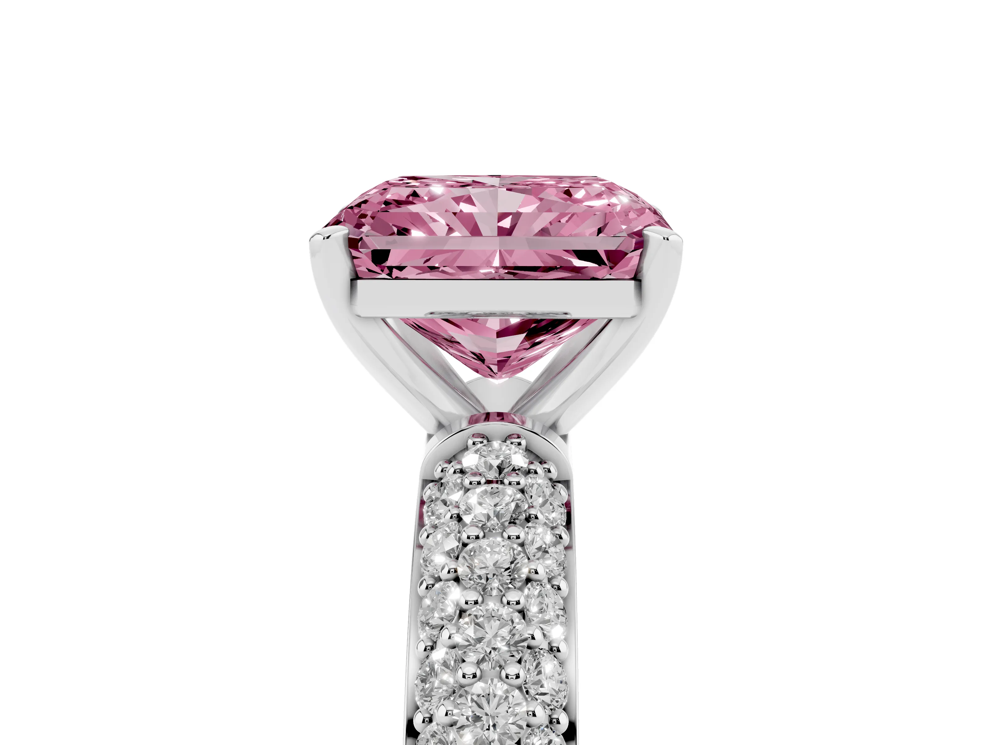 Fancy Pink Radiant Cut Diamond Solitaire Ring Set in Silver with Prong Setting and Pavé-Set Band