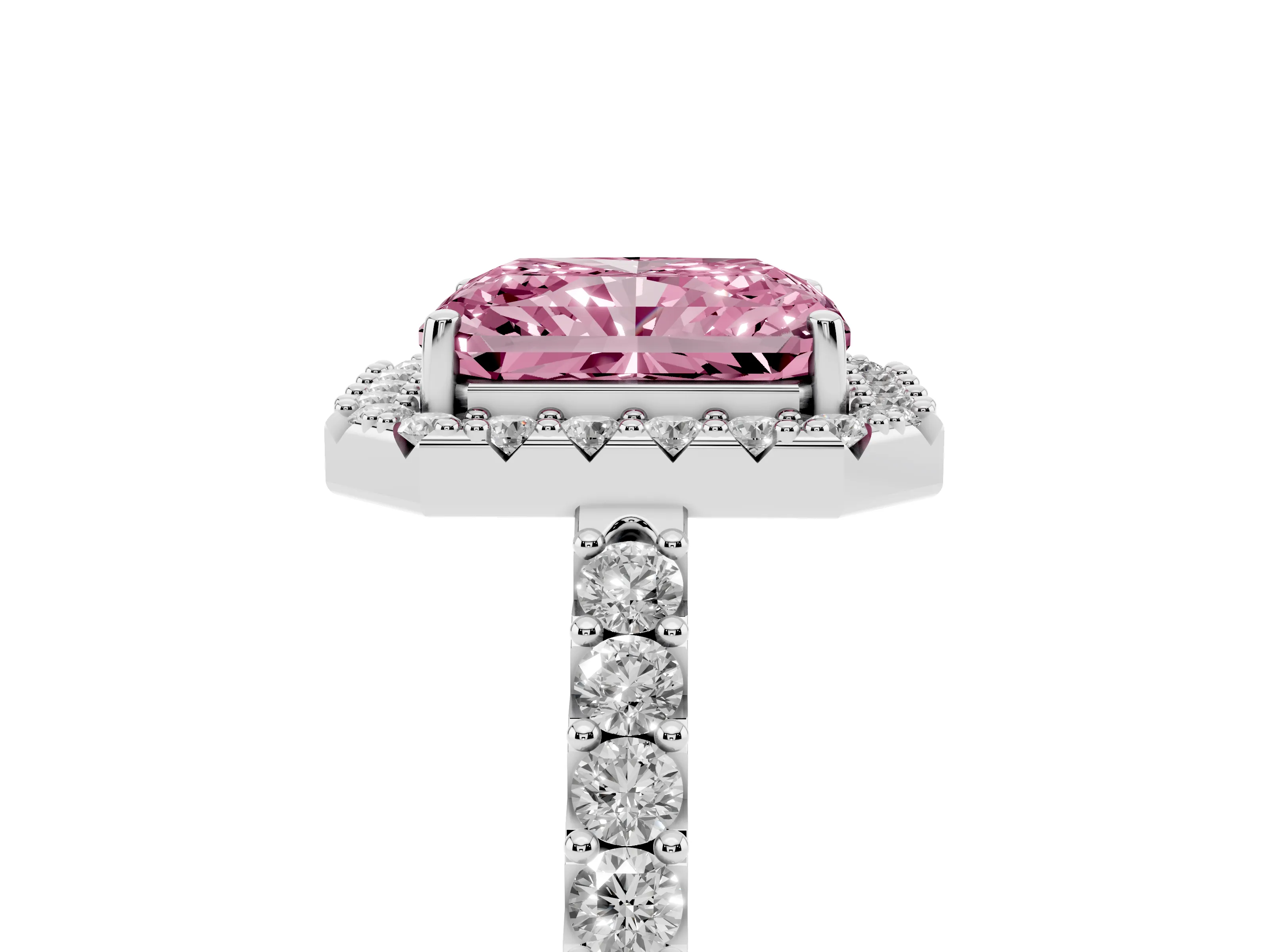 Fancy Pink Radiant Cut Diamond Halo Pavé Solitaire Ring Set in White gold with Prong-Set Center Stone
