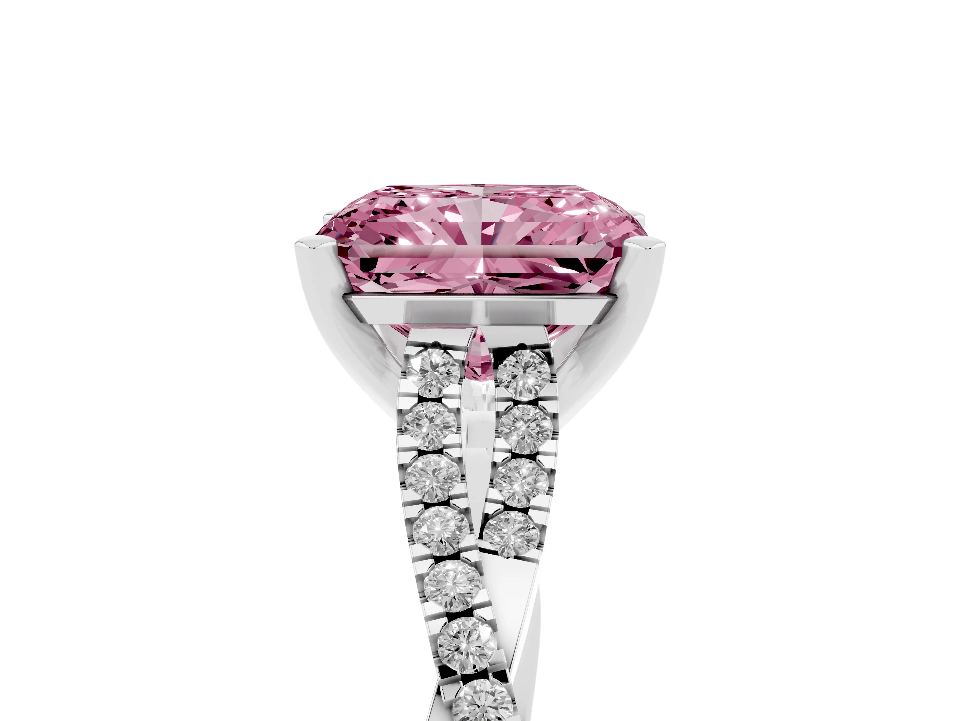 Fancy Pink Radiant Cut Diamond Solitaire Engagement Ring Set in Platinum with Twisted Pavé Band and Prong Setting