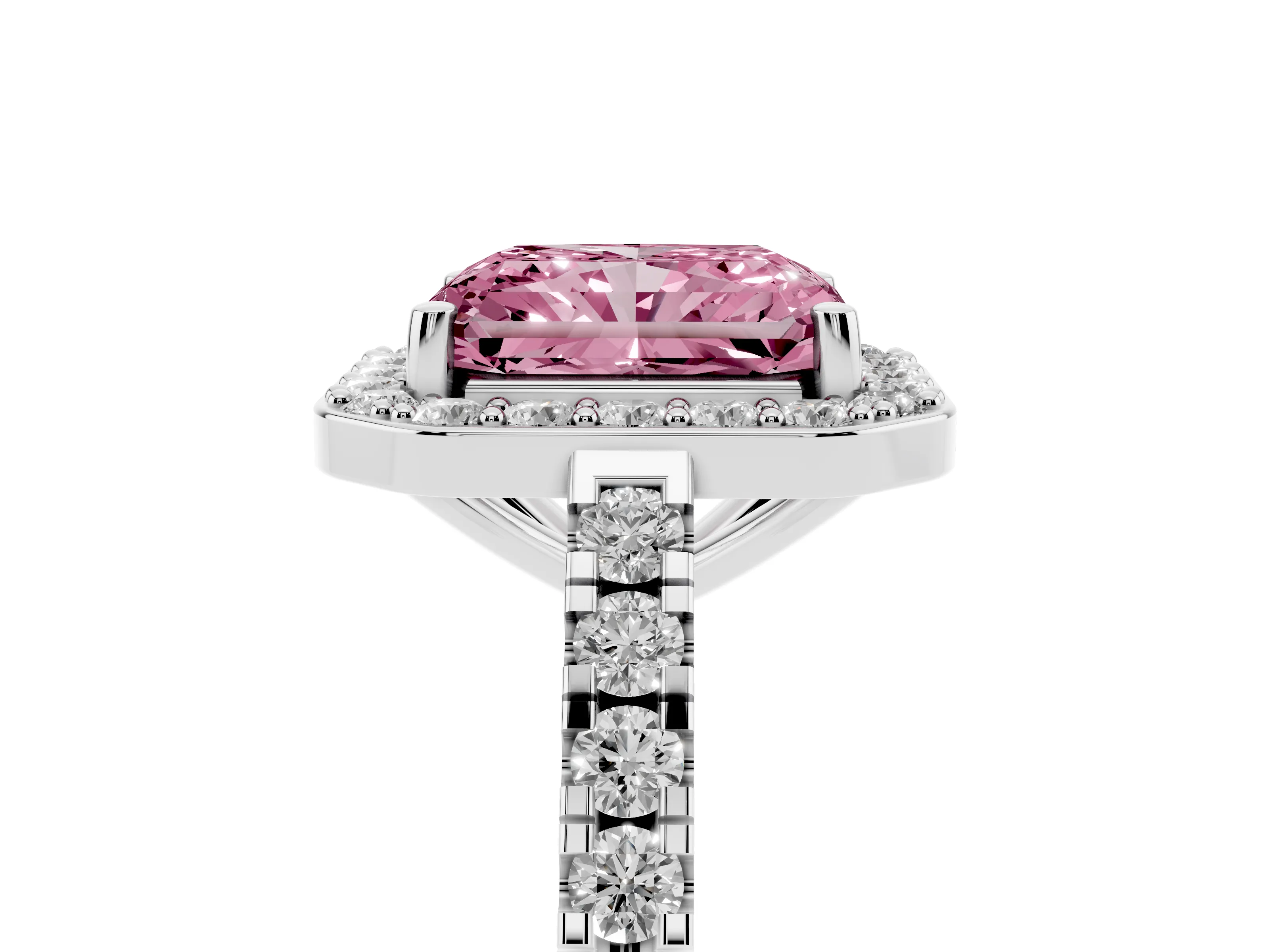 Fancy Pink Radiant Cut Diamond Halo Ring Set in White gold with Round Pavé Split Shank and Prong Setting