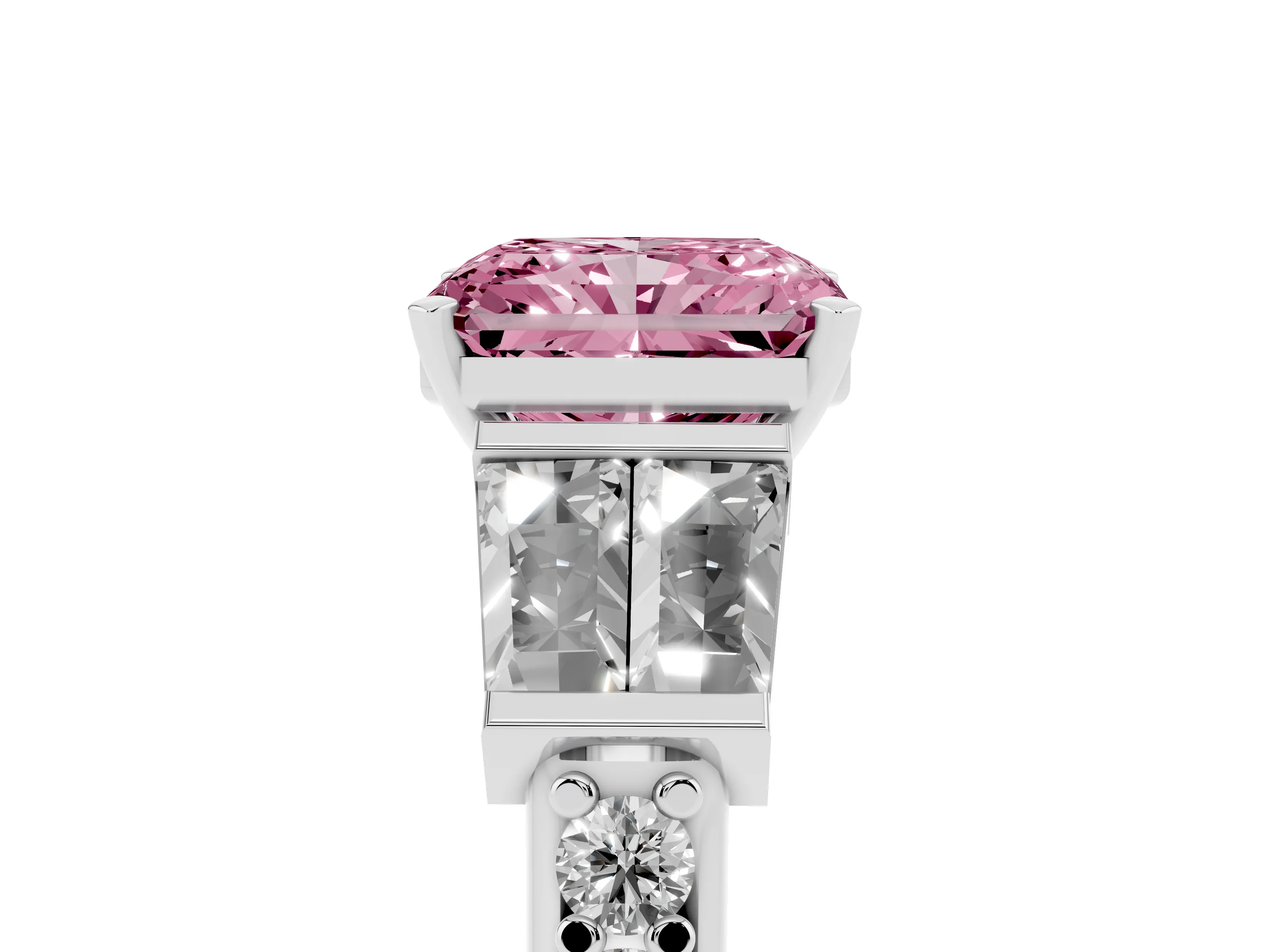 Fancy Pink Radiant Cut Diamond Engagement Ring Set in Silver with Baguette Side Stones and Channel Set Band