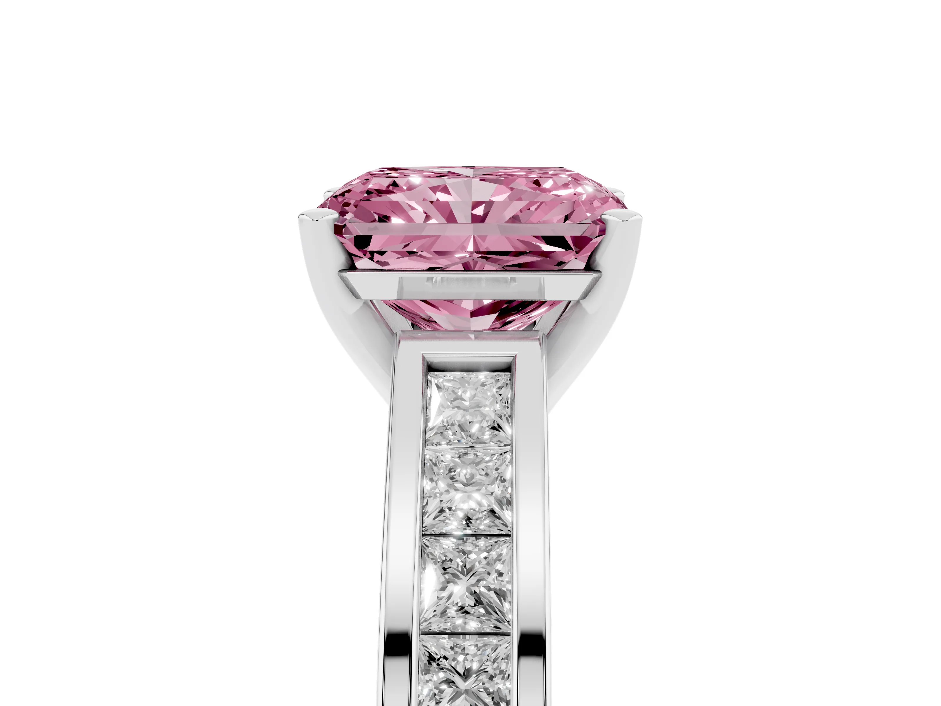 Fancy Pink Radiant Cut Diamond Solitaire Ring Set in White gold with Channel-Set Band and Prong Setting