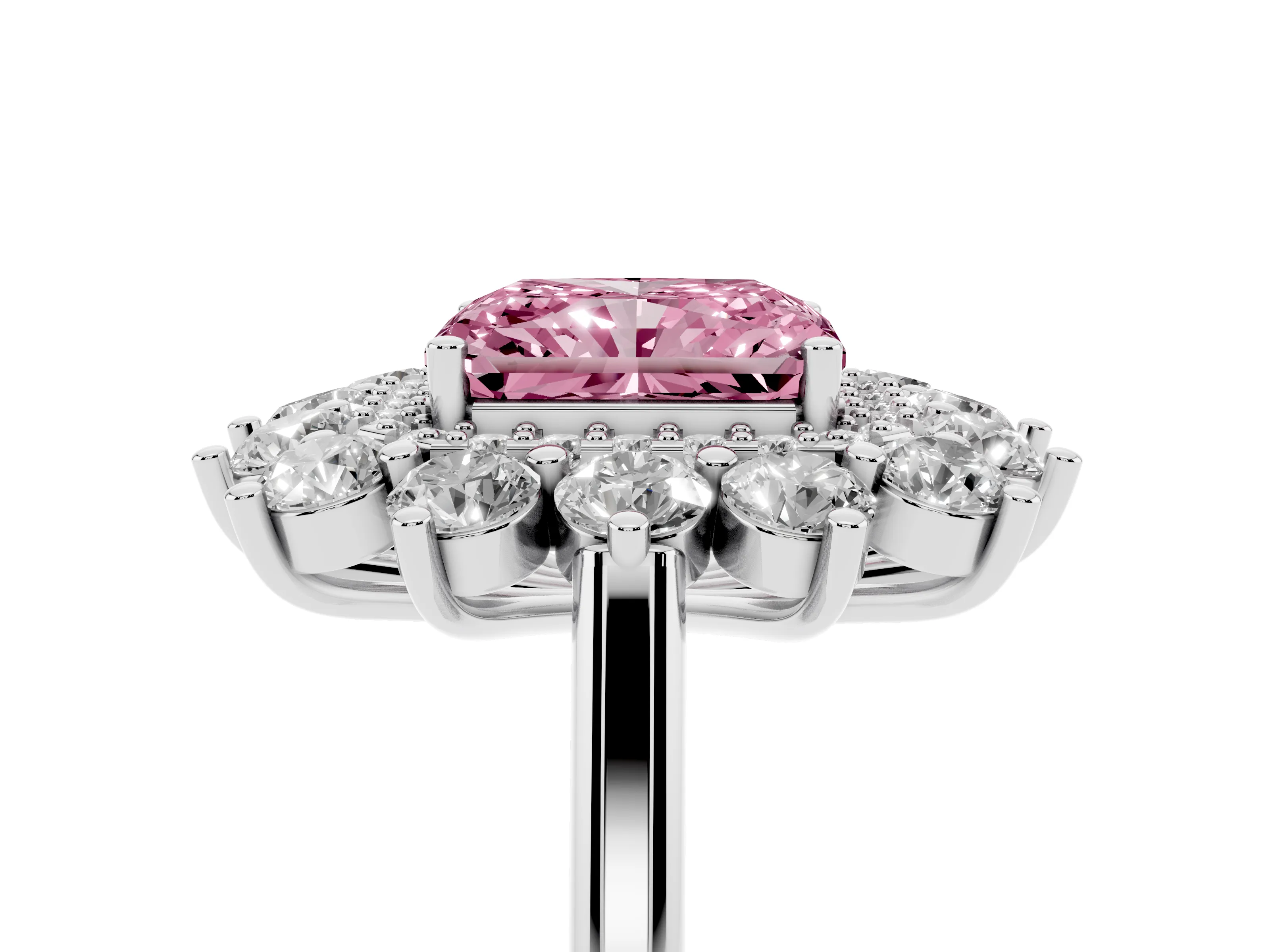 Fancy Pink Radiant Cut Diamond Floral Double Halo Ring Set in Silver with Round Petals