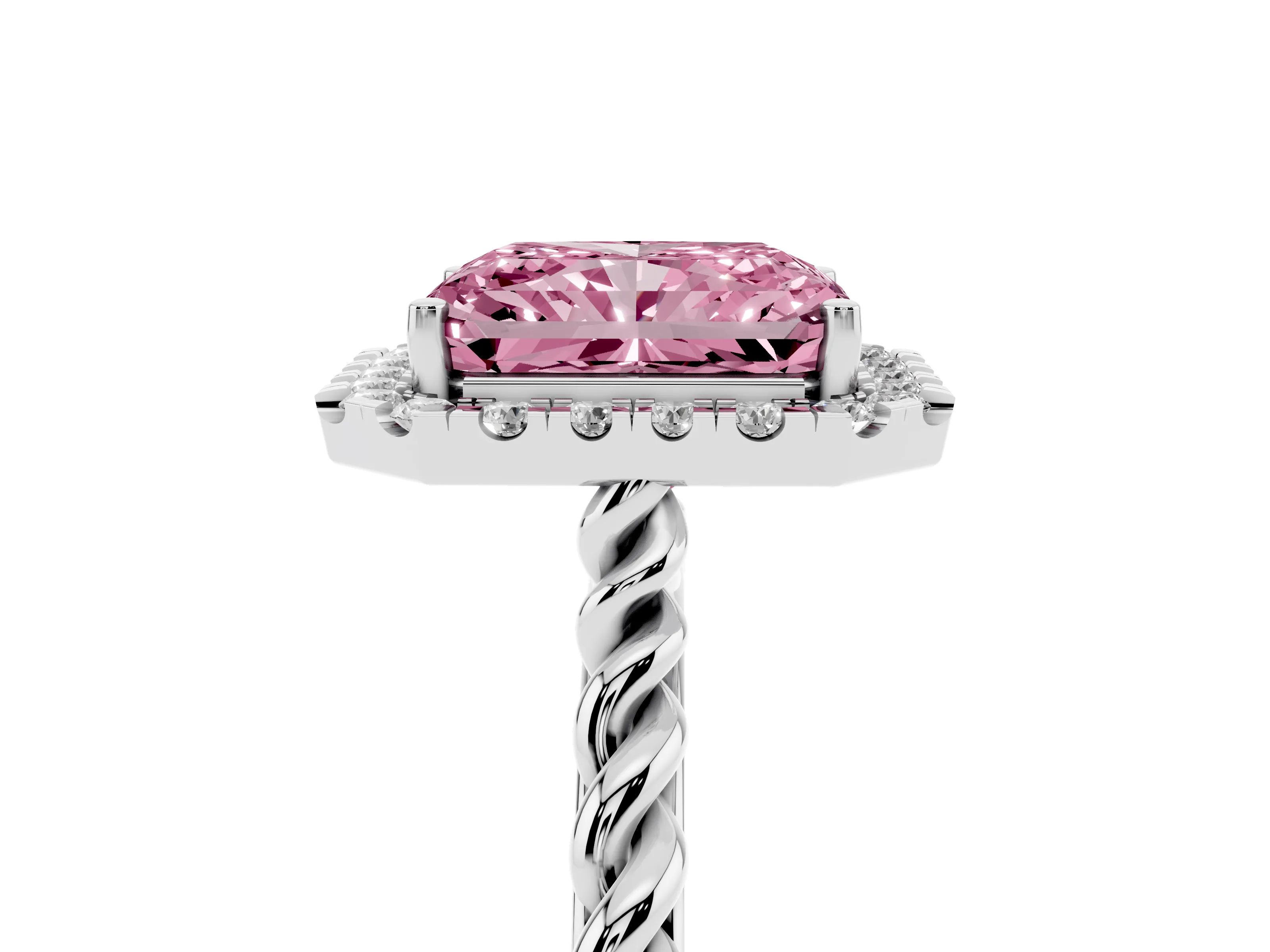 Fancy Pink Radiant Cut Diamond Halo Ring Set in Platinum with Plain Twisted Band