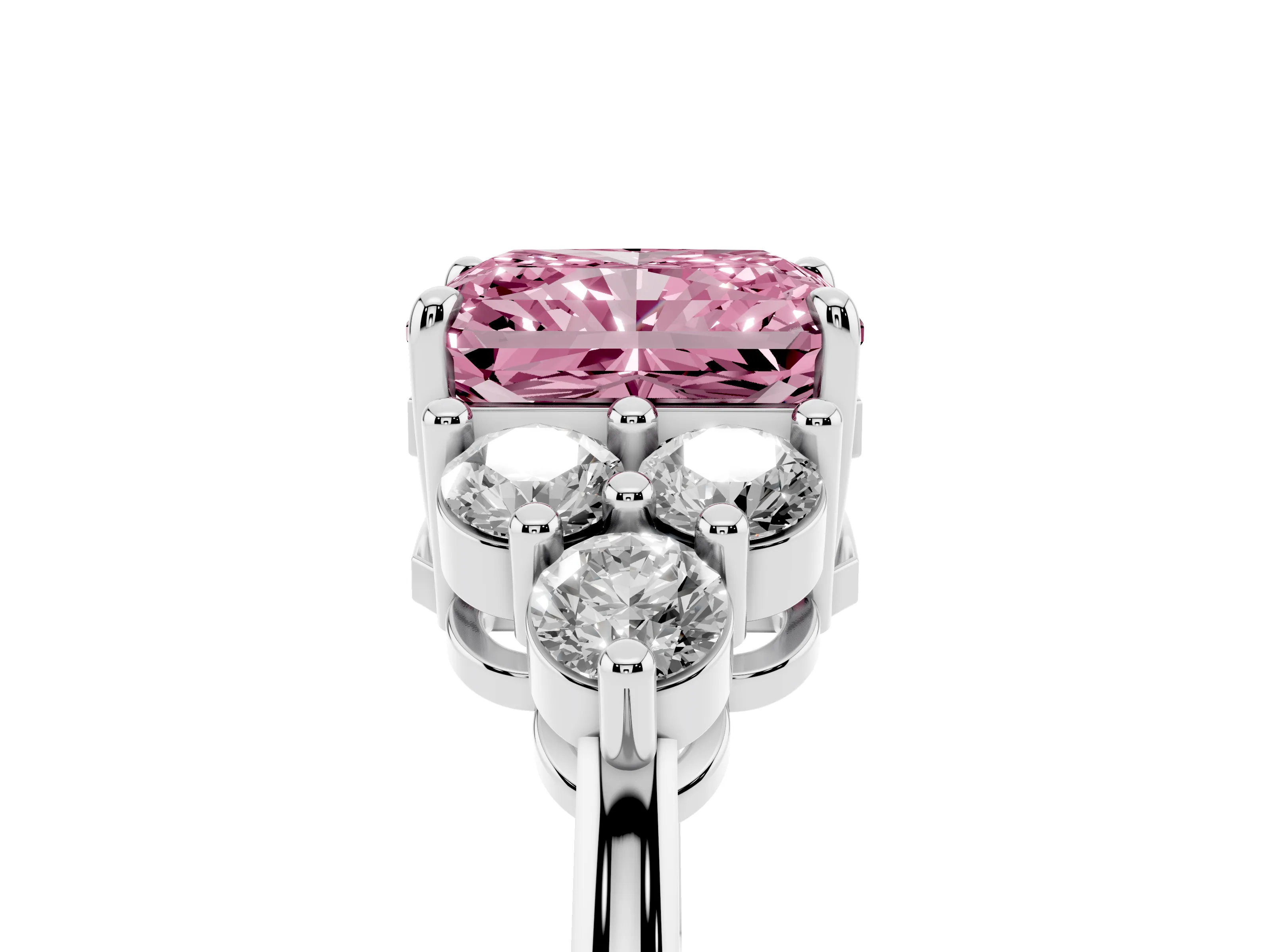 Fancy Pink Radiant Cut Diamond Solitaire Ring Set in White gold with Cluster Accents on Each Side