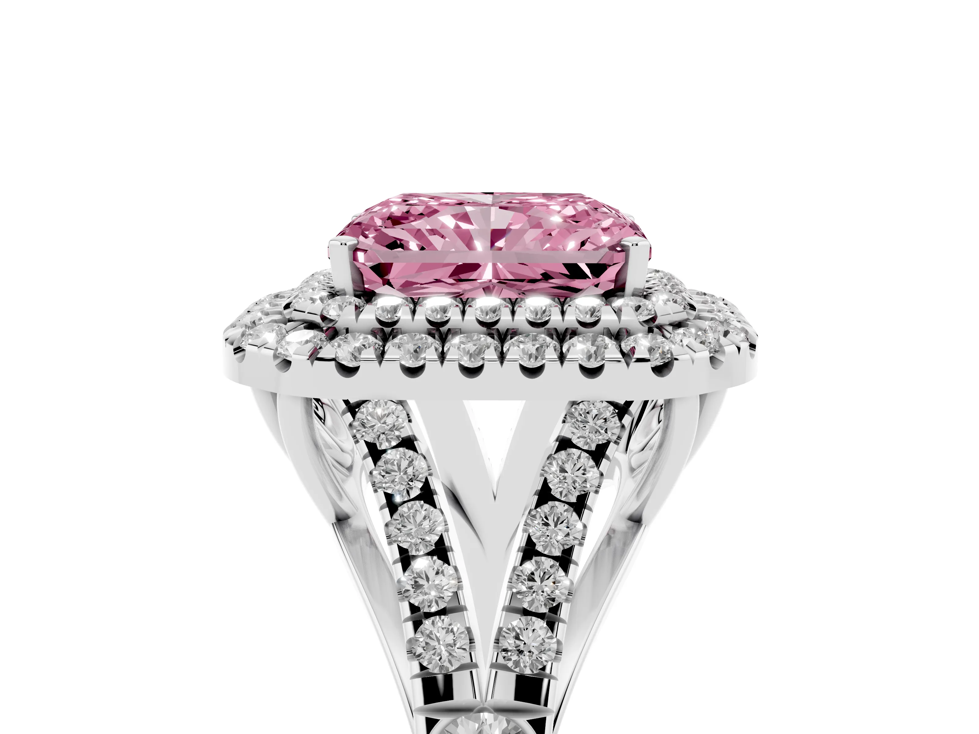 Fancy Pink Radiant Cut Diamond Pavé Split Shank Double Halo Engagement Ring Set in Silver