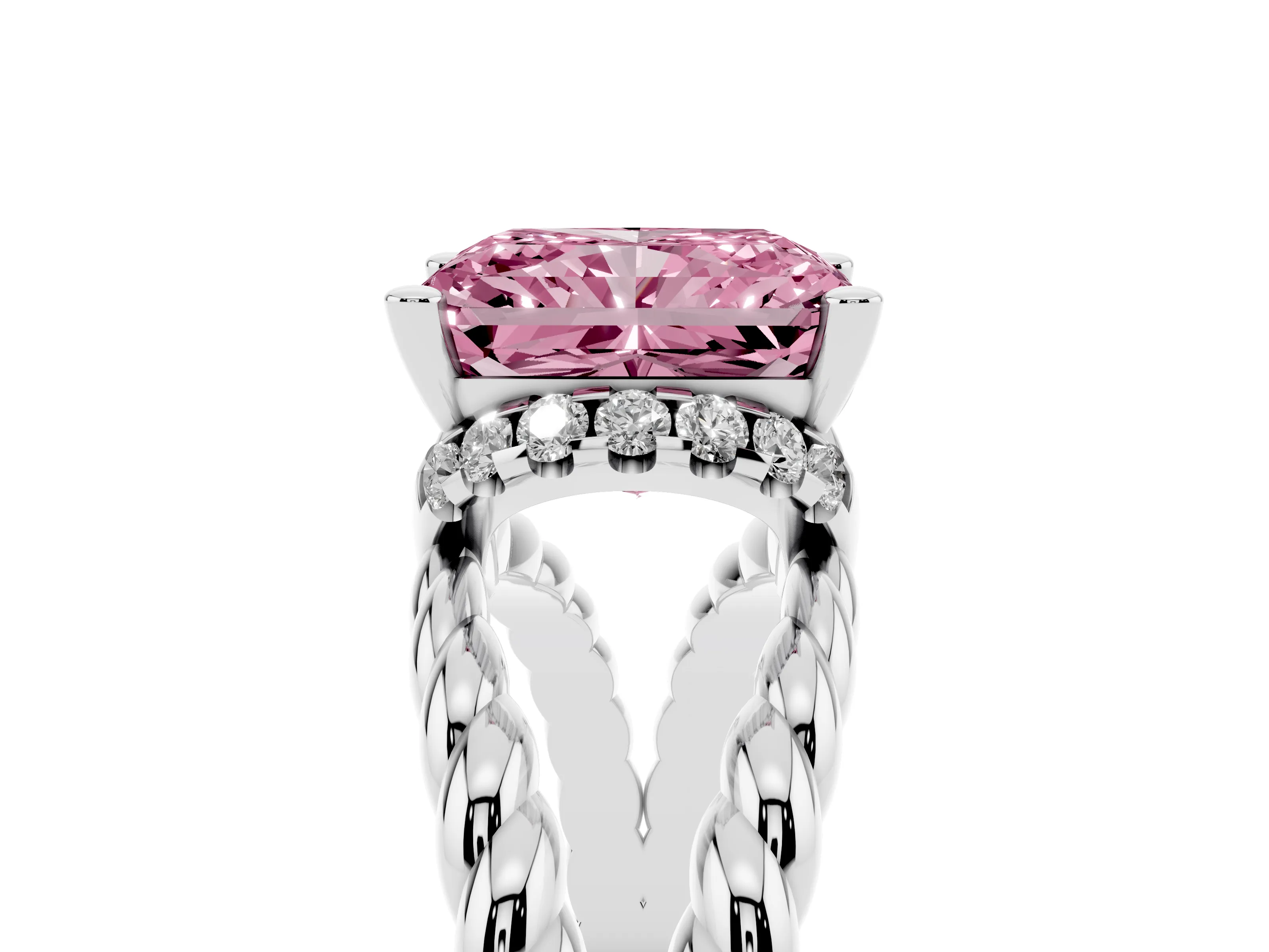 Fancy Pink Radiant Cut Diamond Halo Ring Set in White gold with Twisted Band and Prong Setting