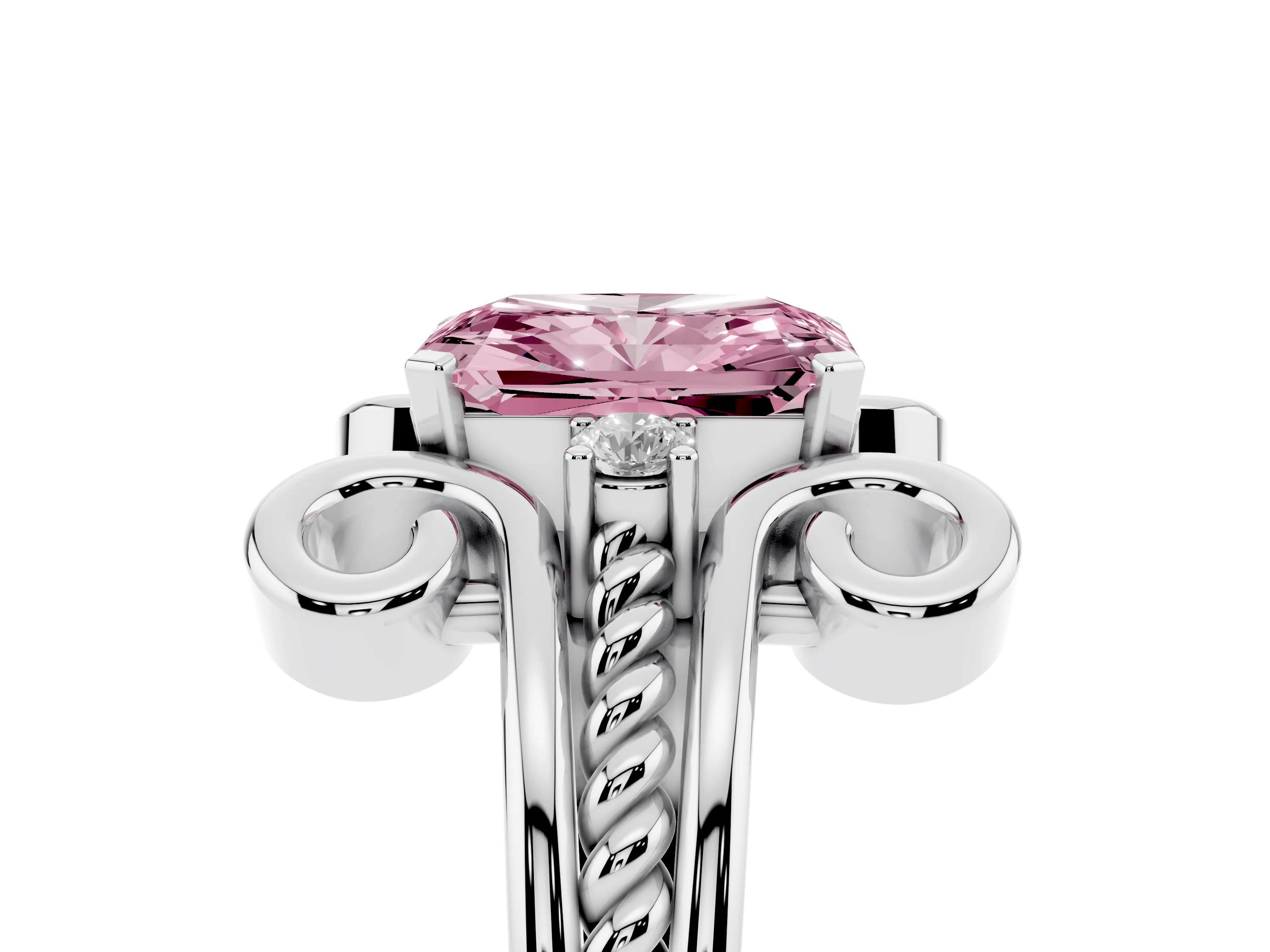 Fancy Pink Radiant Cut Diamond Twisted Band Solitaire Ring Set in Platinum with Scroll Prongs