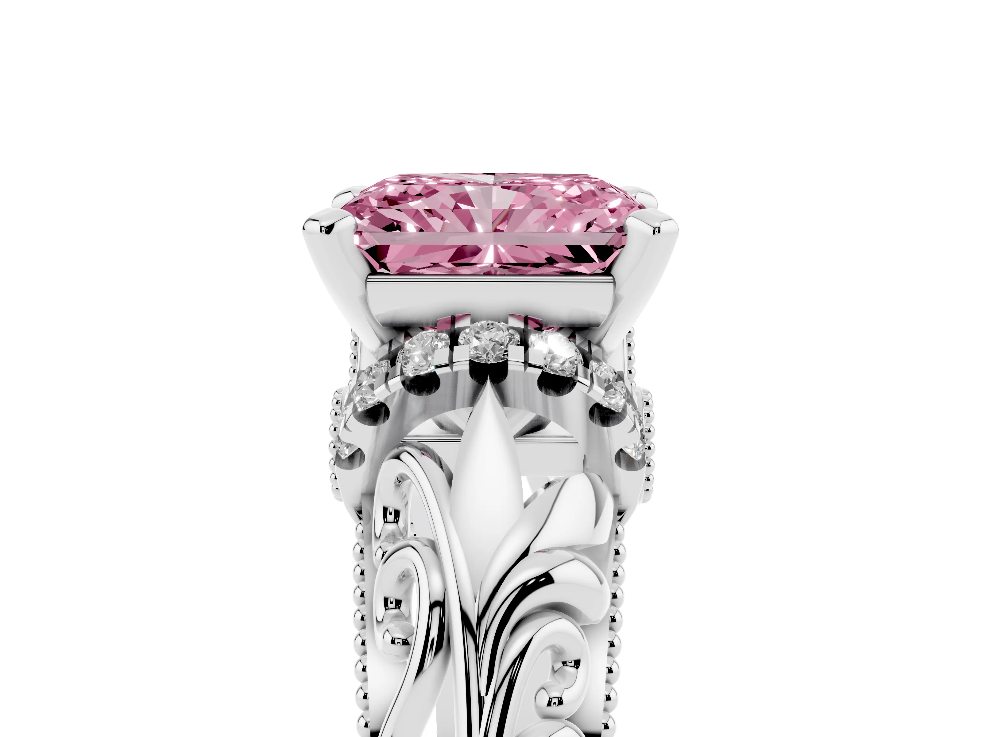 Fancy Pink Radiant Cut Diamond Filigree Halo Engagement Ring Set in White gold with Prong Setting
