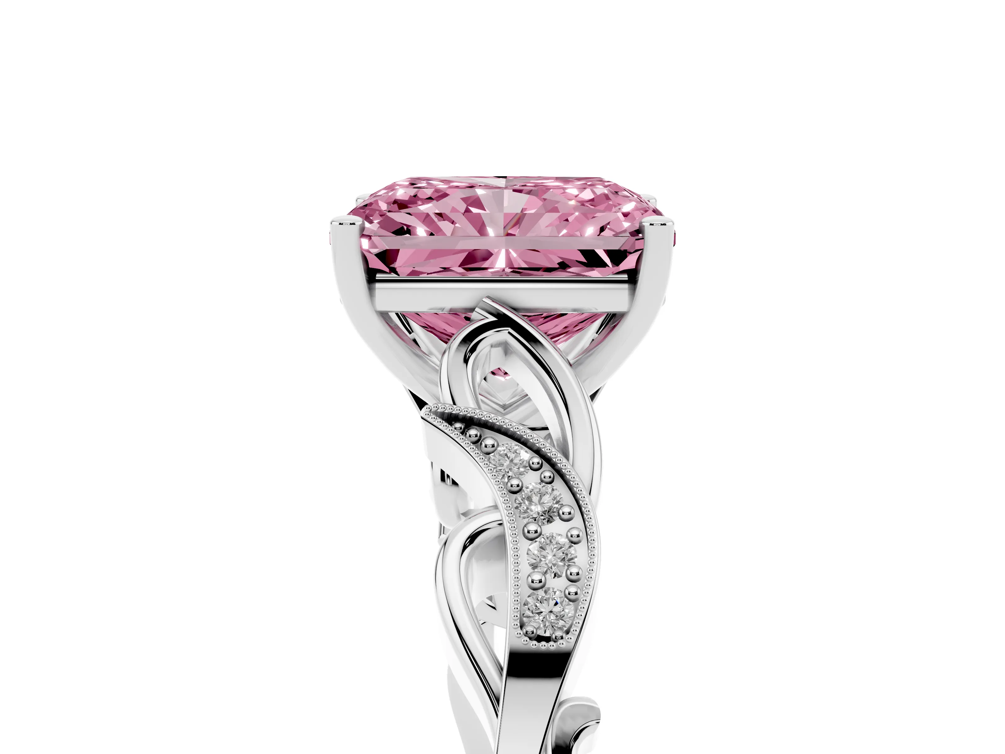 Fancy Pink Radiant Cut Diamond Vine Band Solitaire Ring Set in Platinum with Milgrain Prong Setting