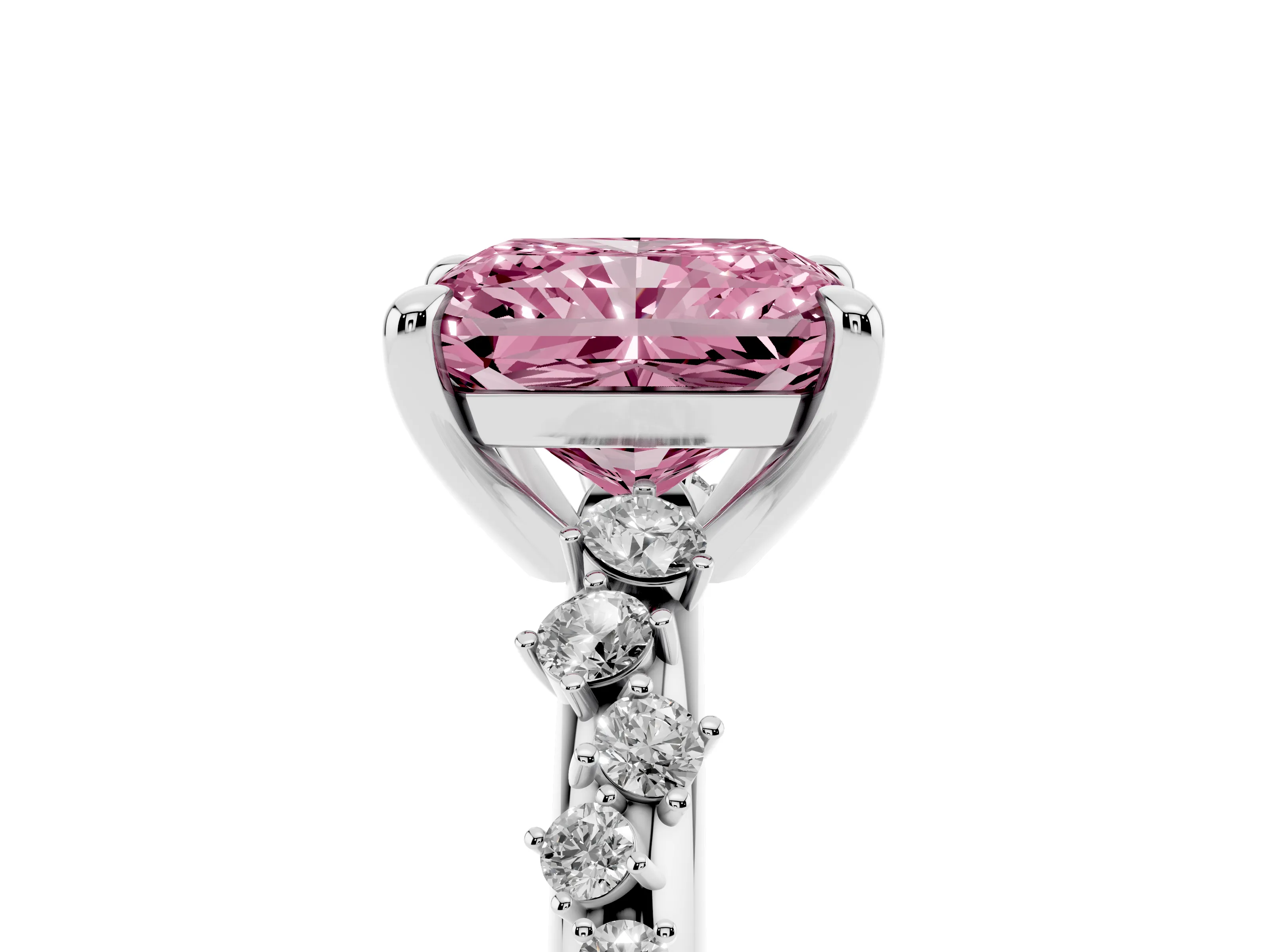 Fancy Pink Radiant Cut Diamond Solitaire Vine Band Ring Set in Silver with Round Accents and Prong Setting