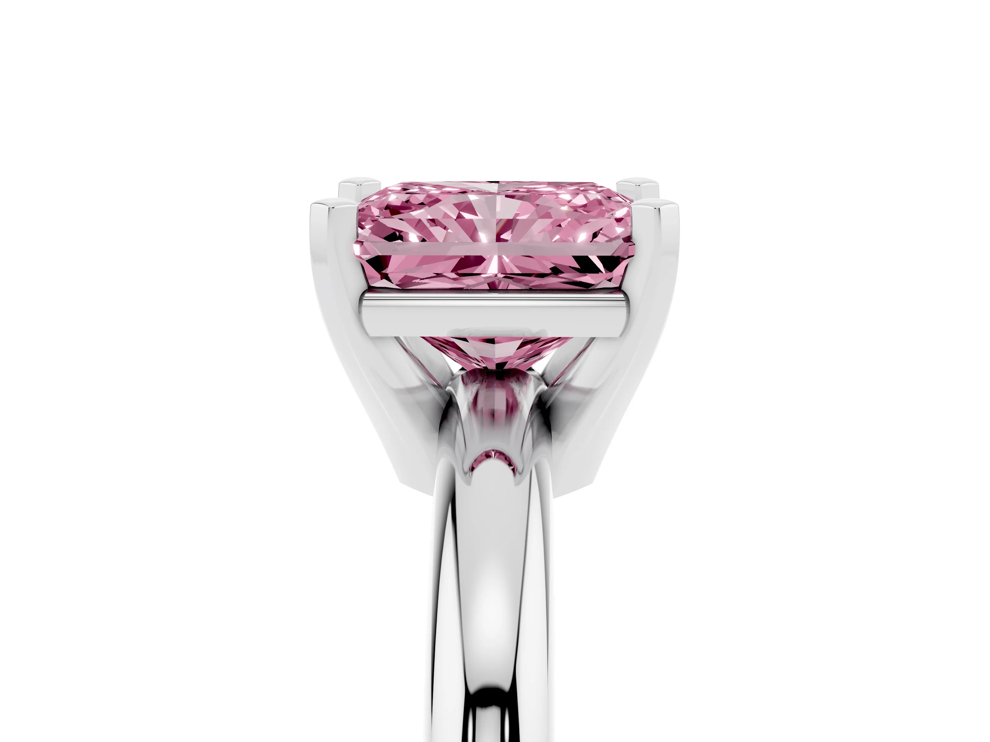 Fancy Pink Radiant Cut Diamond Solitaire Engagement Ring Set in Silver with Round Band and Prong Setting