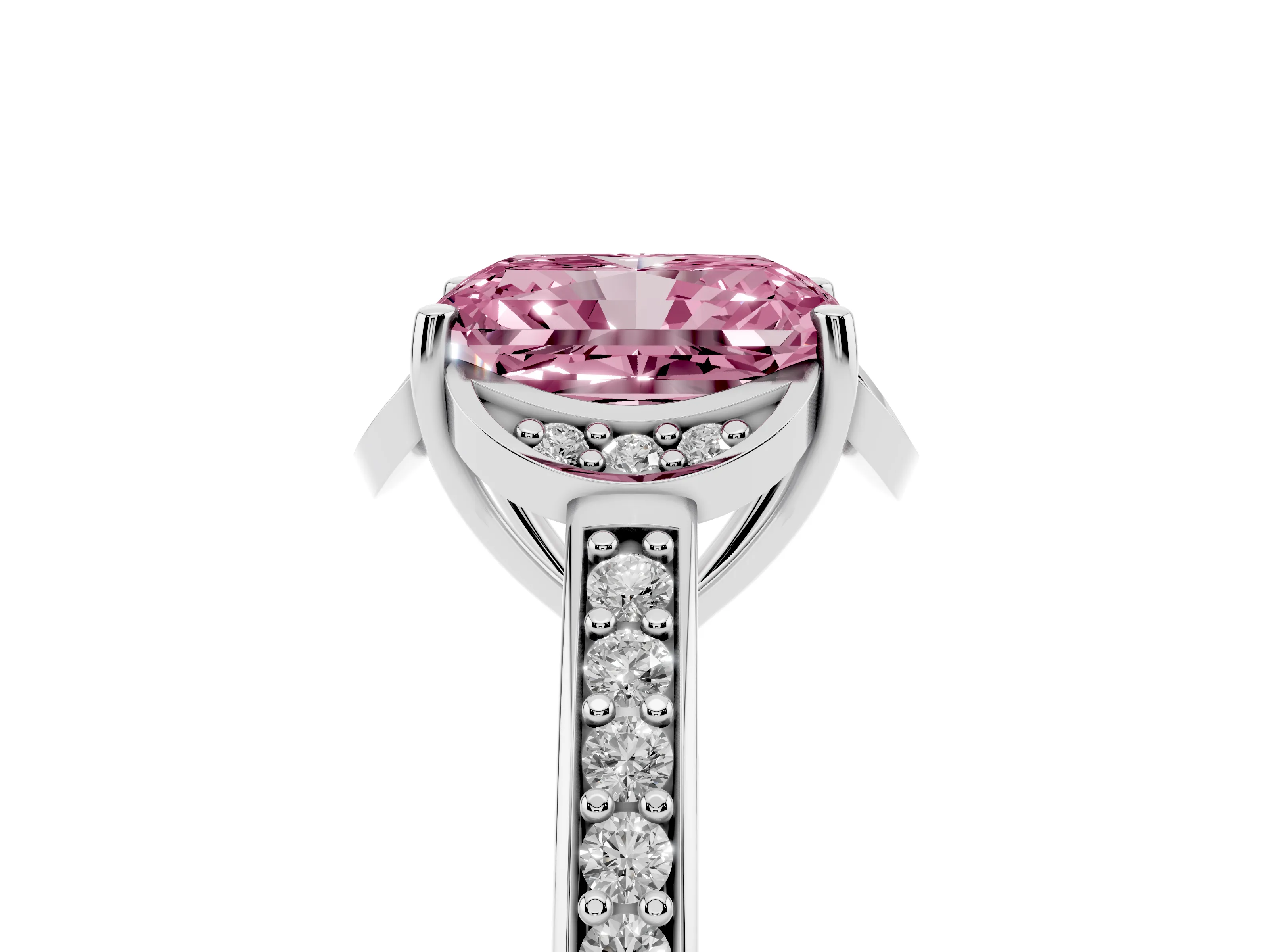 Fancy Pink Radiant Cut Diamond Halo Ring Set in Platinum with Channel Set Band and Prong Setting