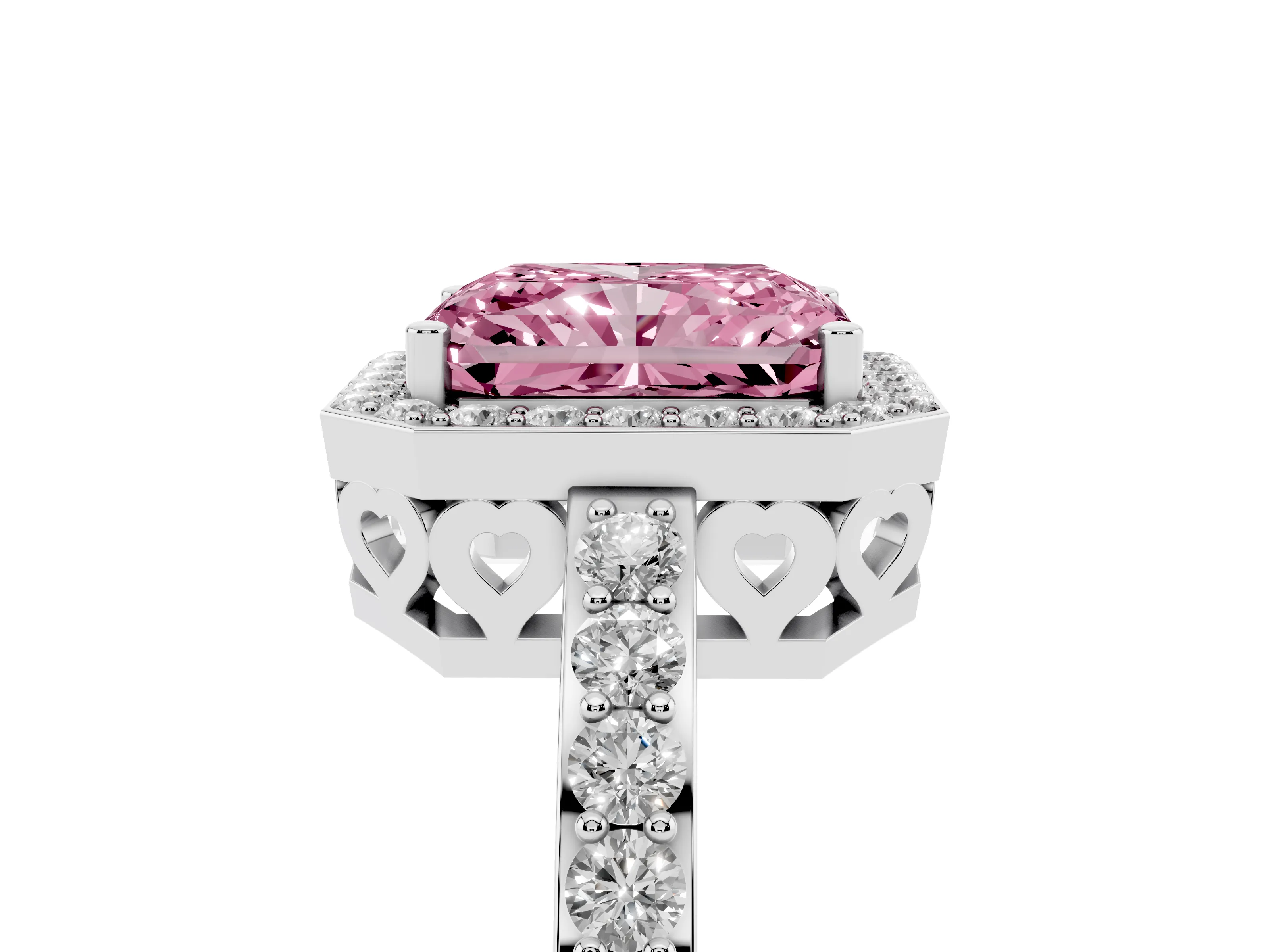 Fancy Pink Radiant Cut Diamond Halo Ring Set in White gold with Pavé-Setting Band and Open Prong Center