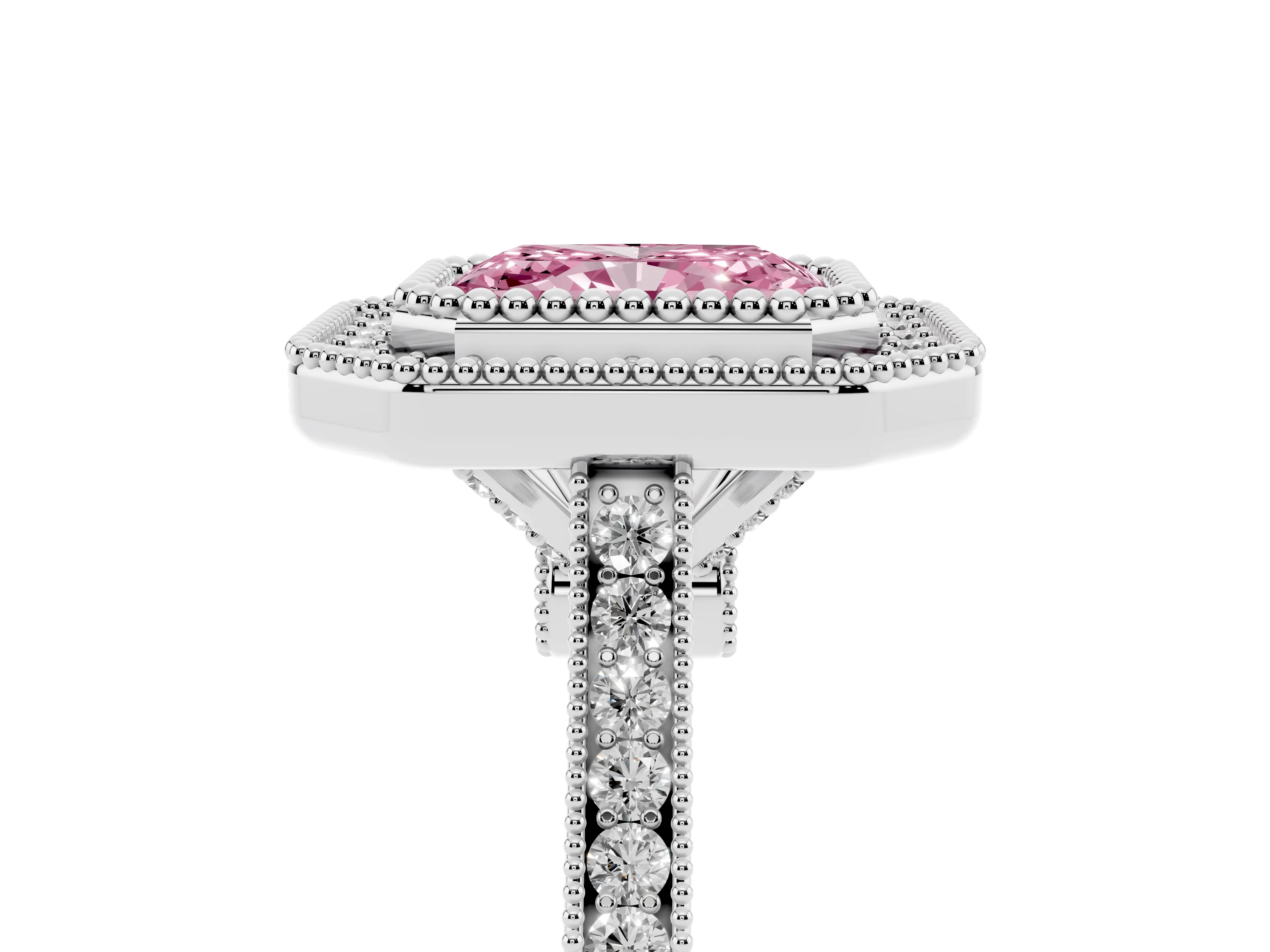 Fancy Pink Radiant Cut Diamond Halo Ring Set in White gold with Milgrain Frame and Pavé Band