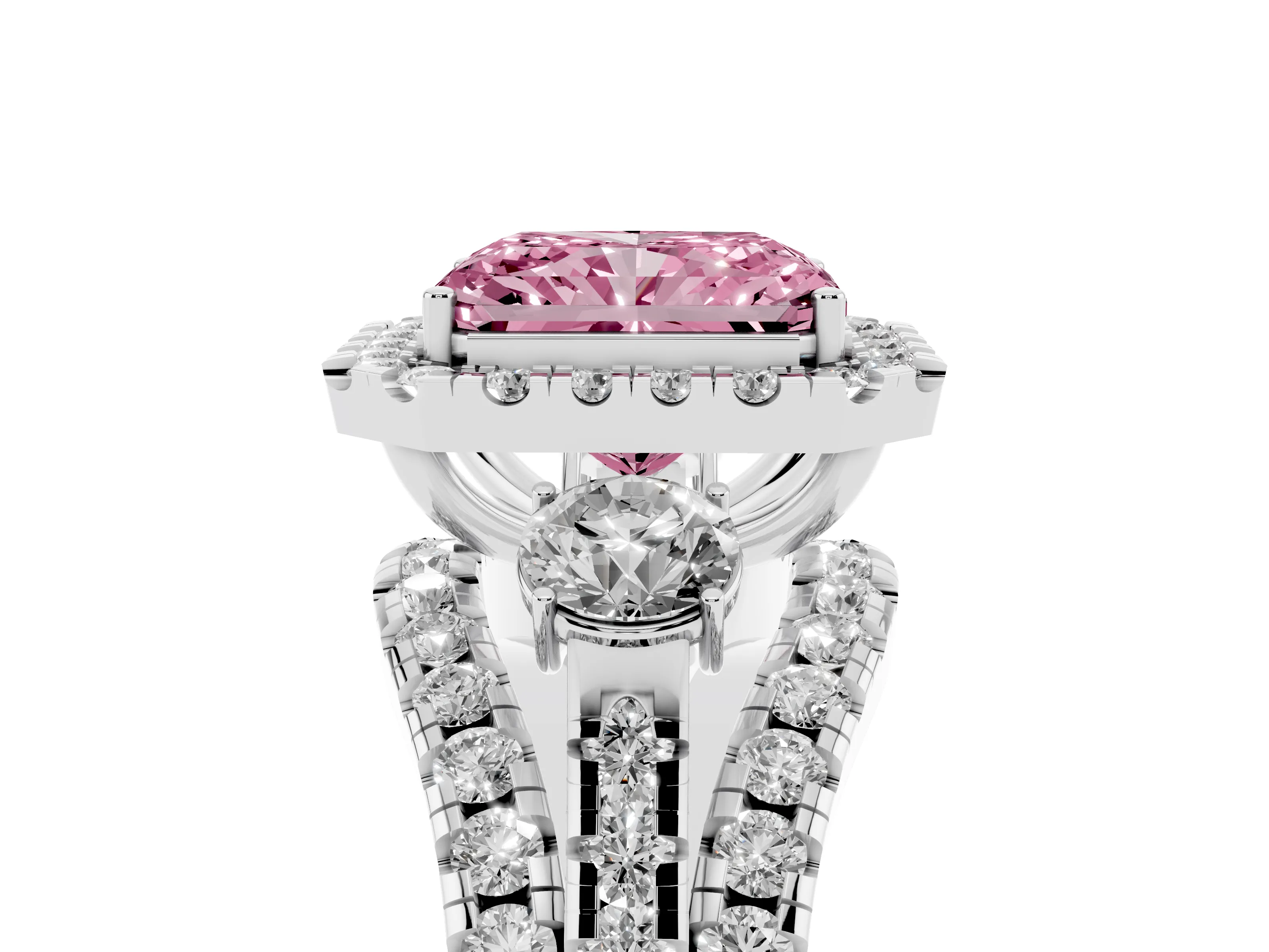 Fancy Pink Radiant Cut Diamond Halo Split Shank Ring Set in Silver with Round Accent Stones and Prong Setting