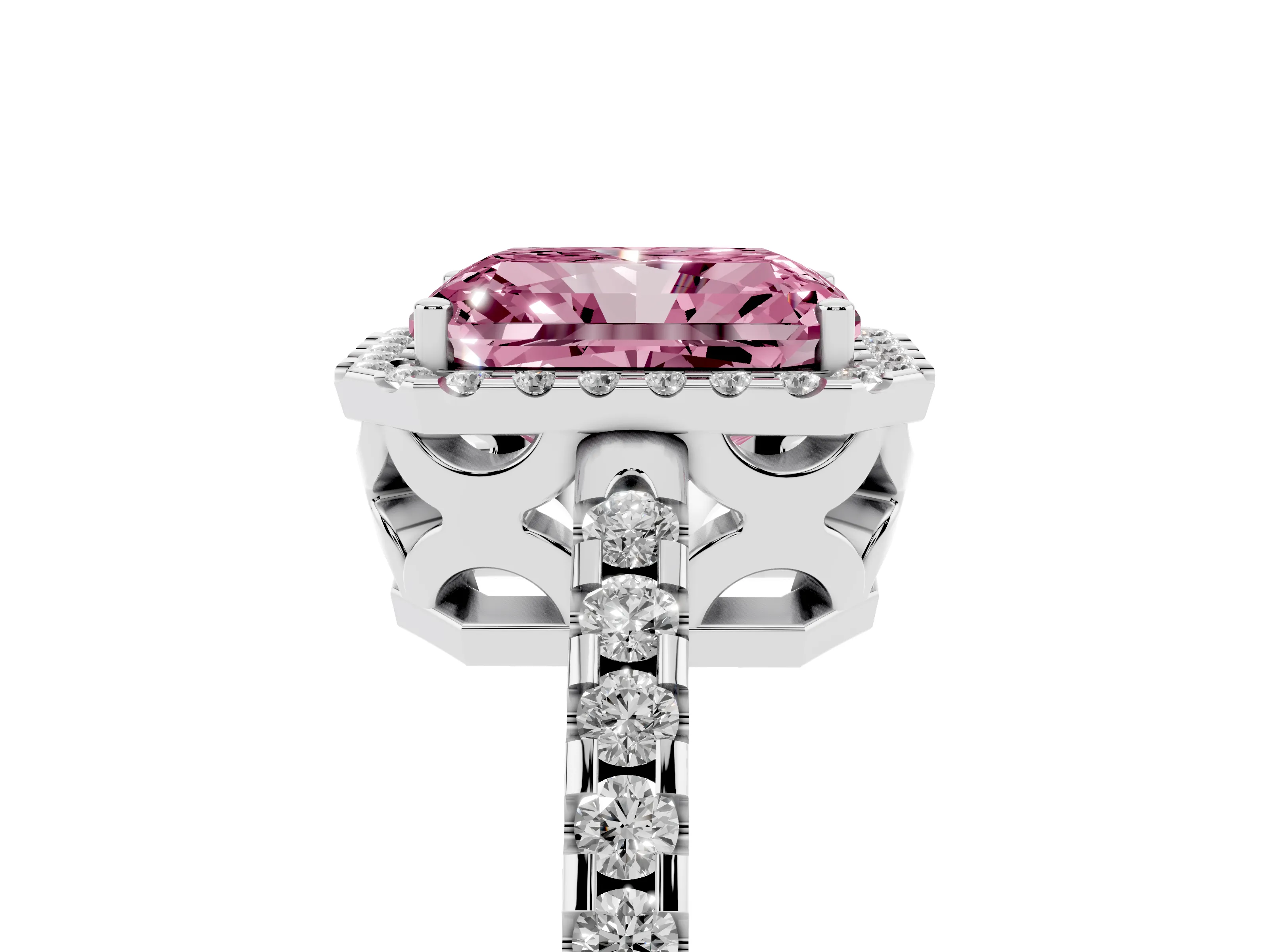 Fancy Pink Radiant Cut Diamond Halo Ring Set in Platinum with Pavé Shoulders and Halo-Framed Center
