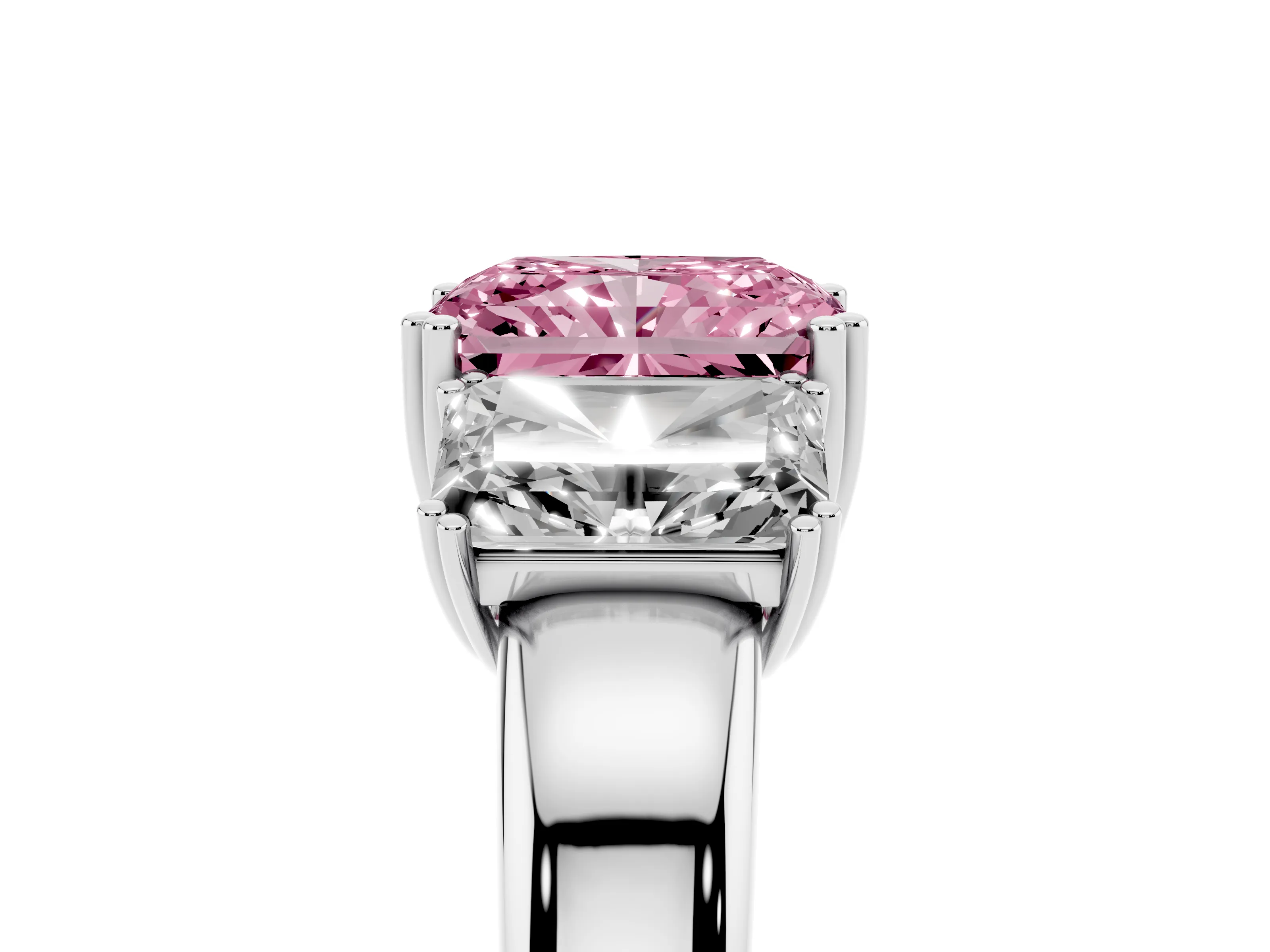 Fancy Pink Radiant Cut Diamond Three-Stone Ring Set in White gold with Polished Channel-Set Band