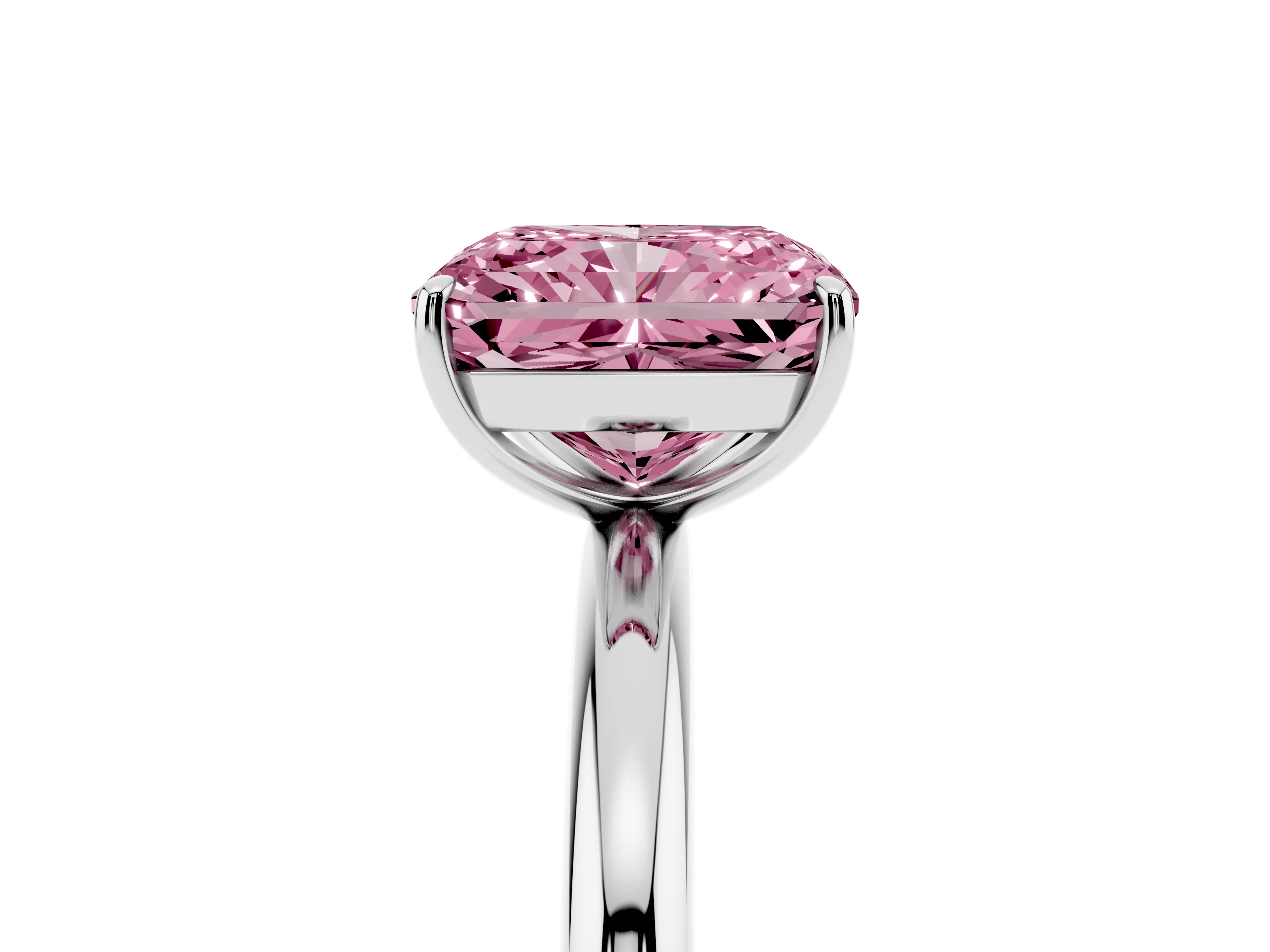 Fancy Pink Radiant Cut Diamond Solitaire Ring Set in White gold with Prong Setting on a Polished Plain Band