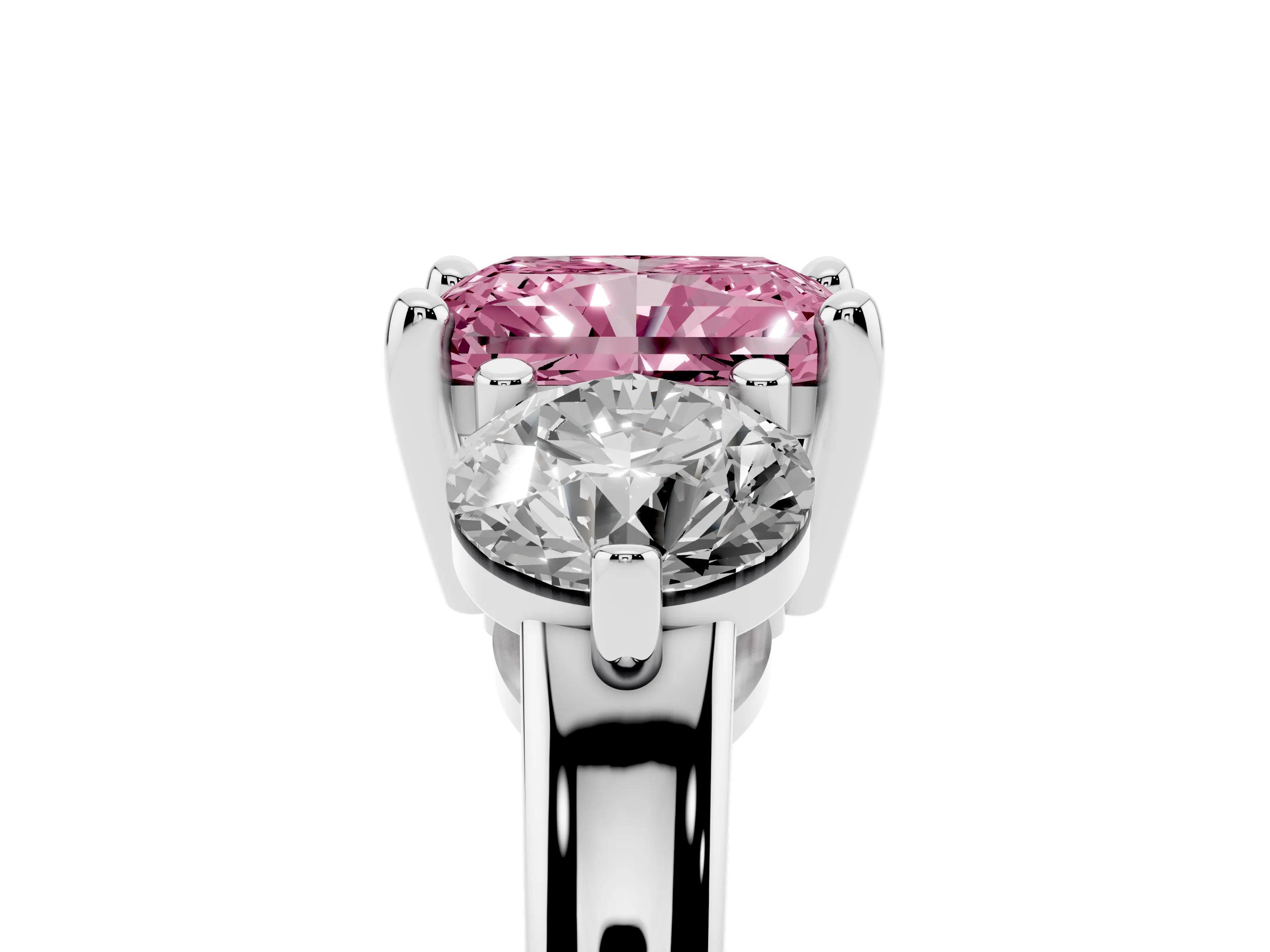 Fancy Pink Radiant Cut Diamond Three-Stone Ring Set in Silver with Prong Setting and Classic Band