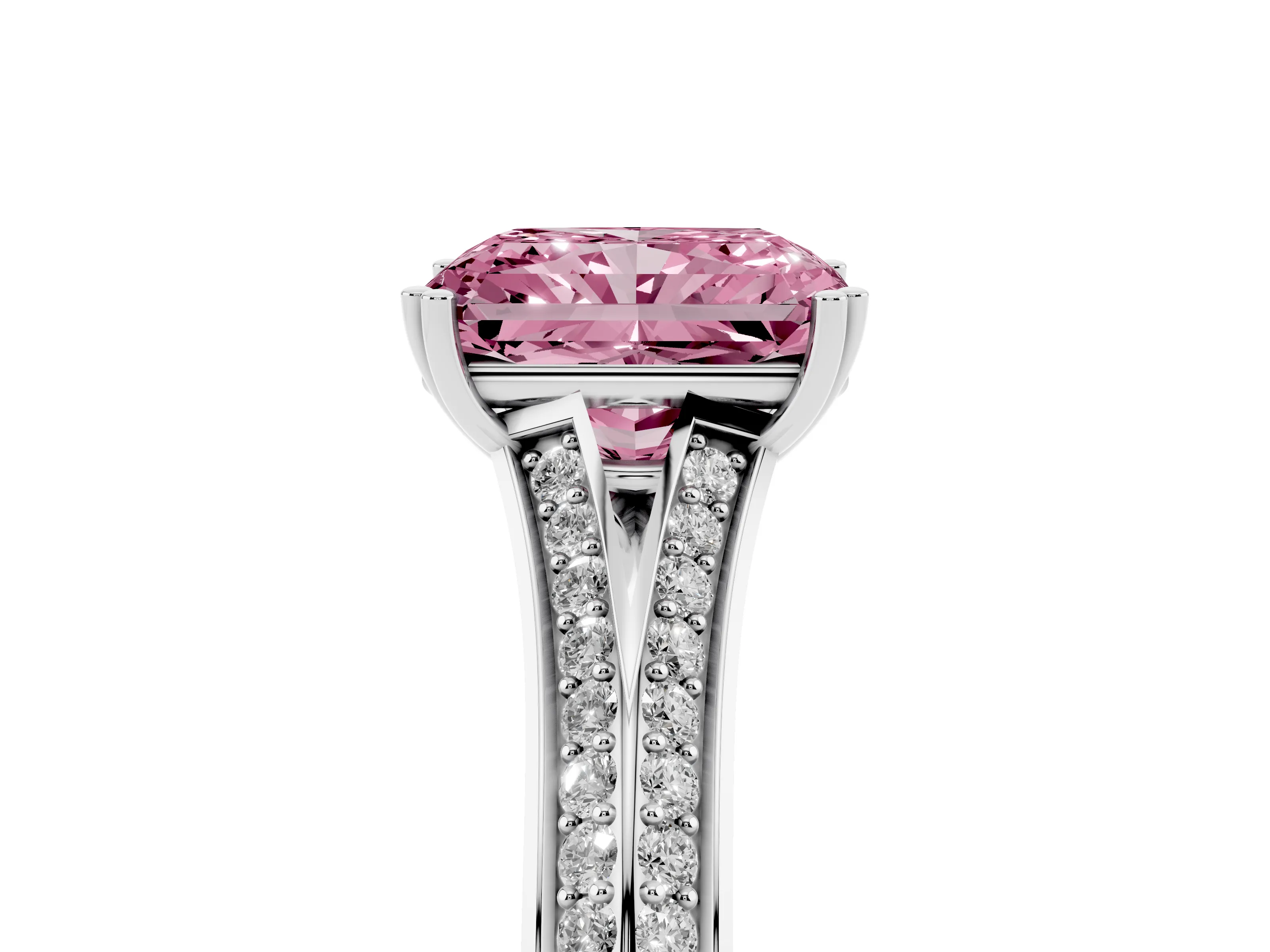 Fancy Pink Radiant Cut Diamond Split Shank Pavé Engagement Ring Set in Platinum with Prong-Set Center Stone