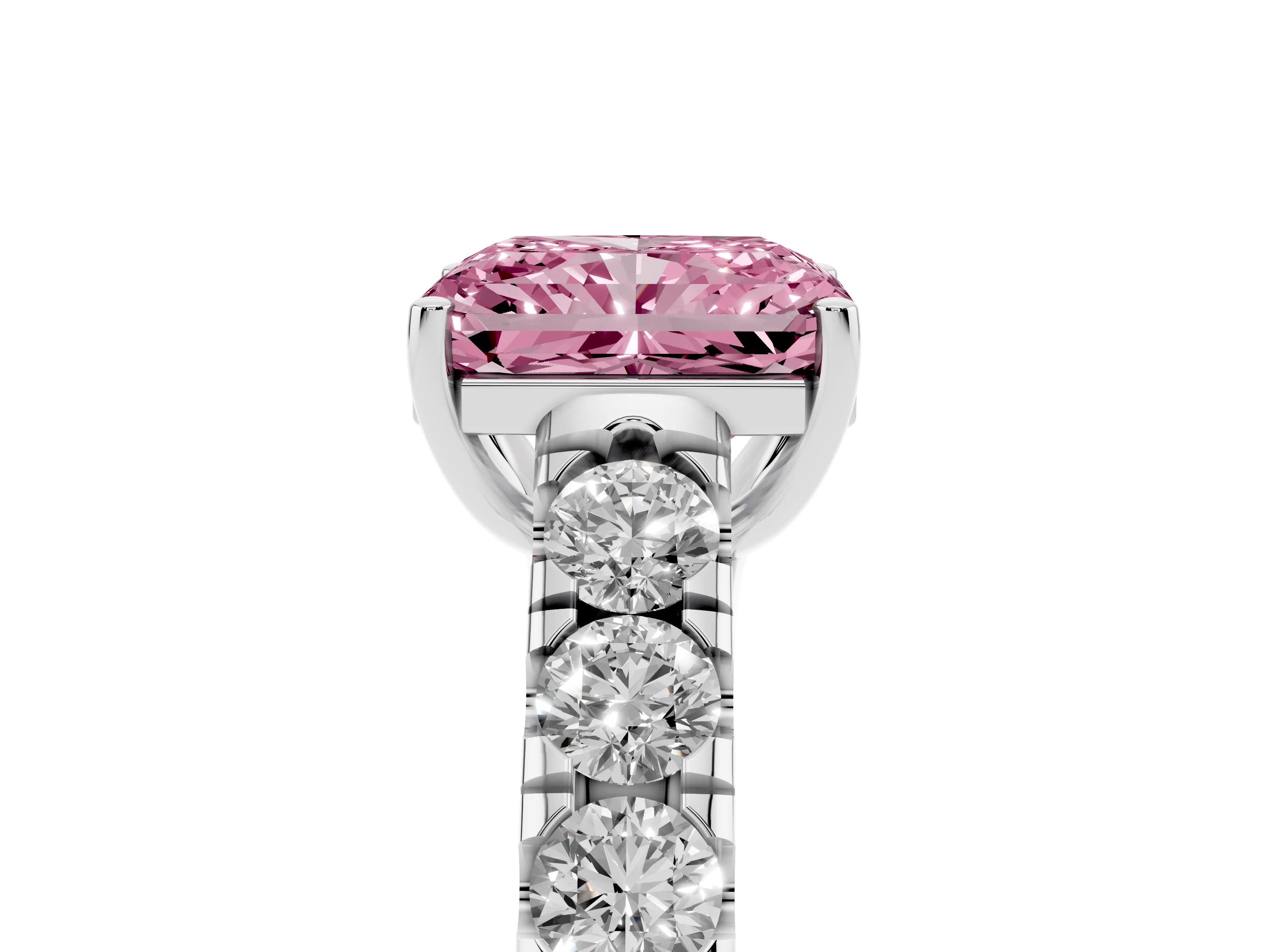 Fancy Pink Radiant Cut Diamond Solitaire Ring Set in Platinum with Cut-Down Micro Pavé Band and Prong Setting