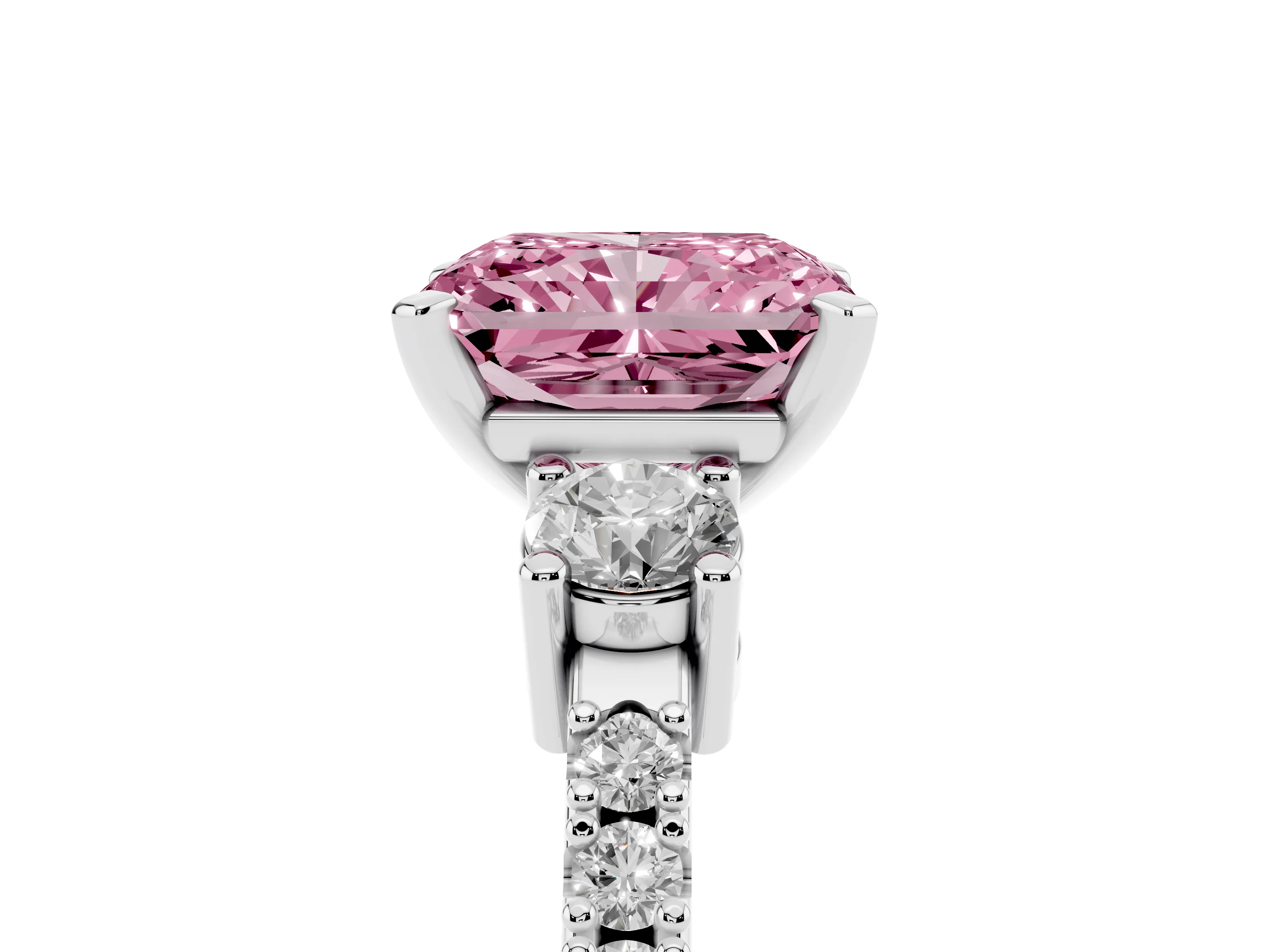 Fancy Pink Three-Stone Radiant Cut Diamond Pavé Band Ring Set in White gold with Prong Setting