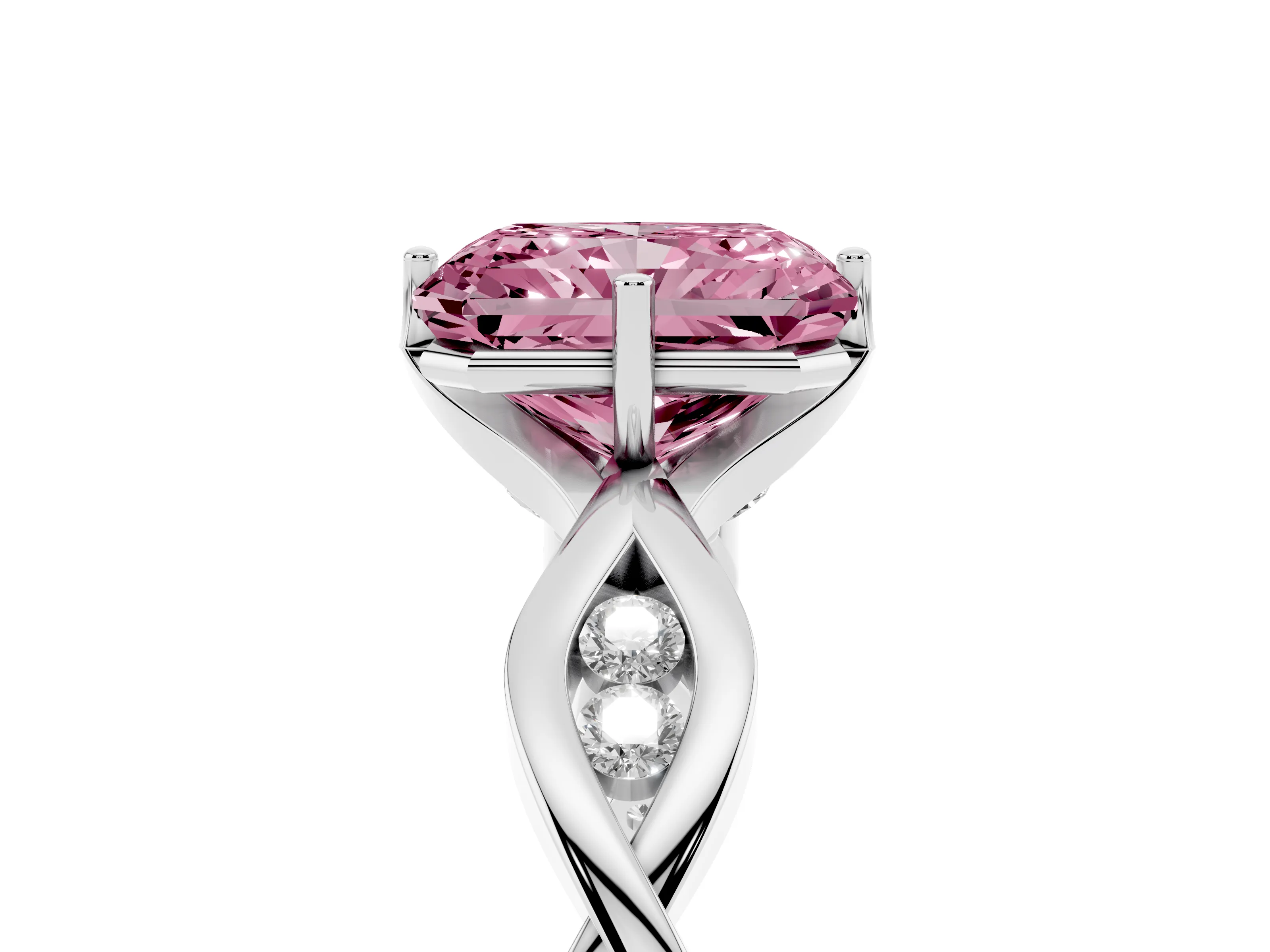 Fancy Pink Radiant Cut Diamond Twist Band Solitaire Ring Set in Platinum with Leaf Prong Setting and Accent Stones