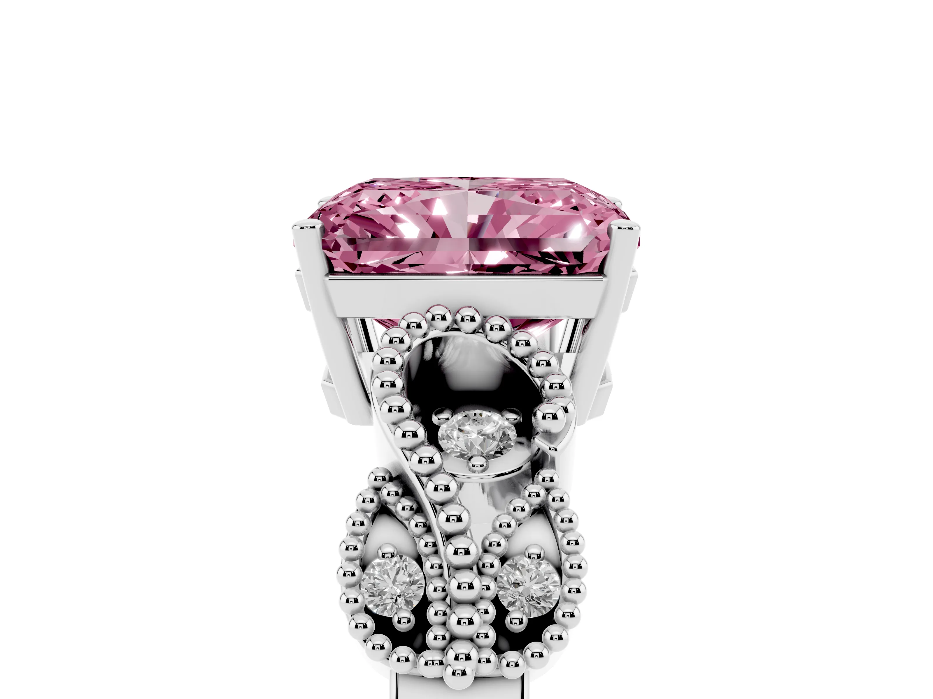 Fancy Pink Radiant Cut Diamond Milgrain Leaf Band Solitaire Ring Set in Platinum with Accent Stones and Prong Setting