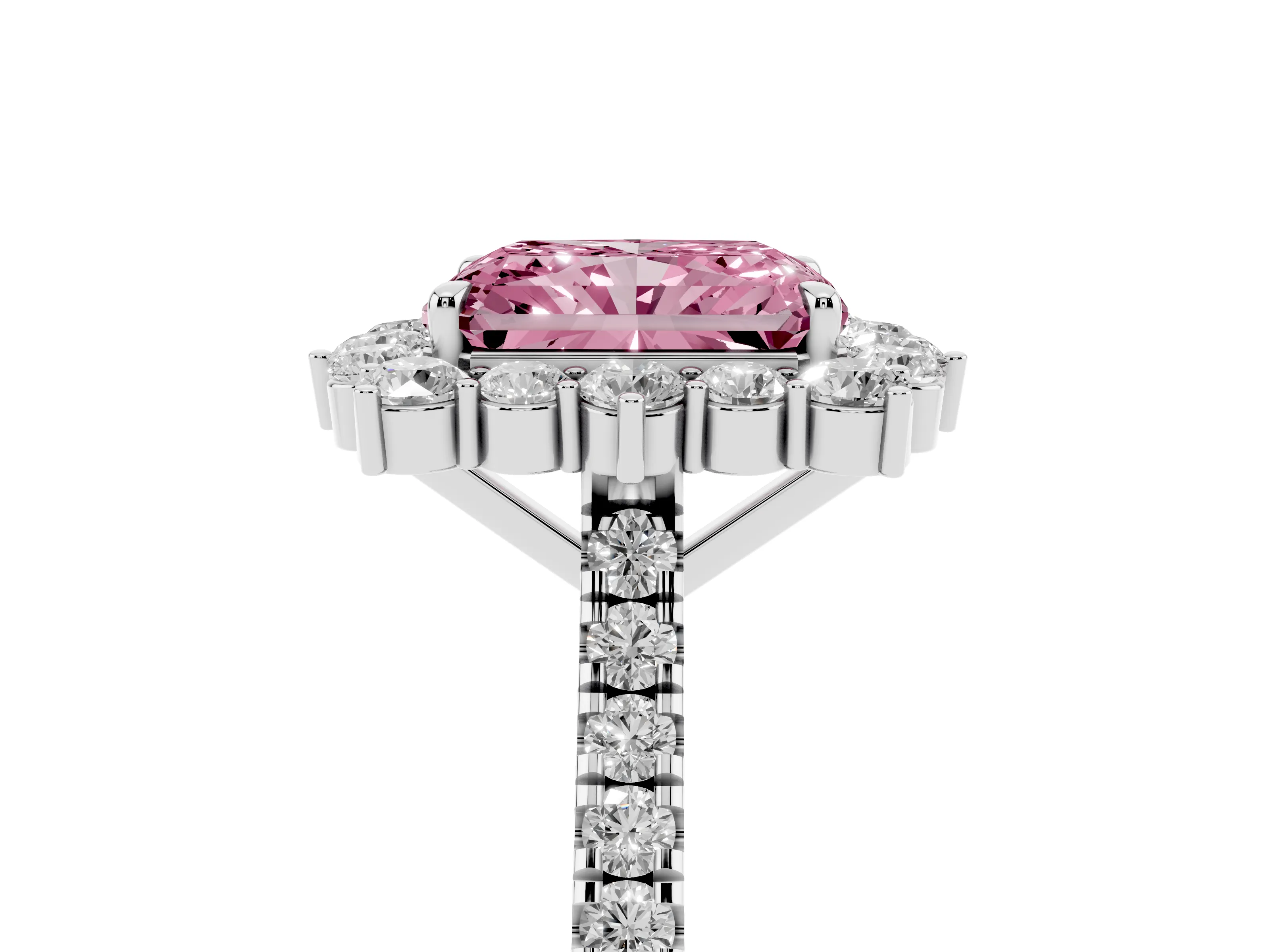 Fancy Pink Radiant Cut Diamond Halo Ring Set in White gold with Pavé Band and Prong Setting