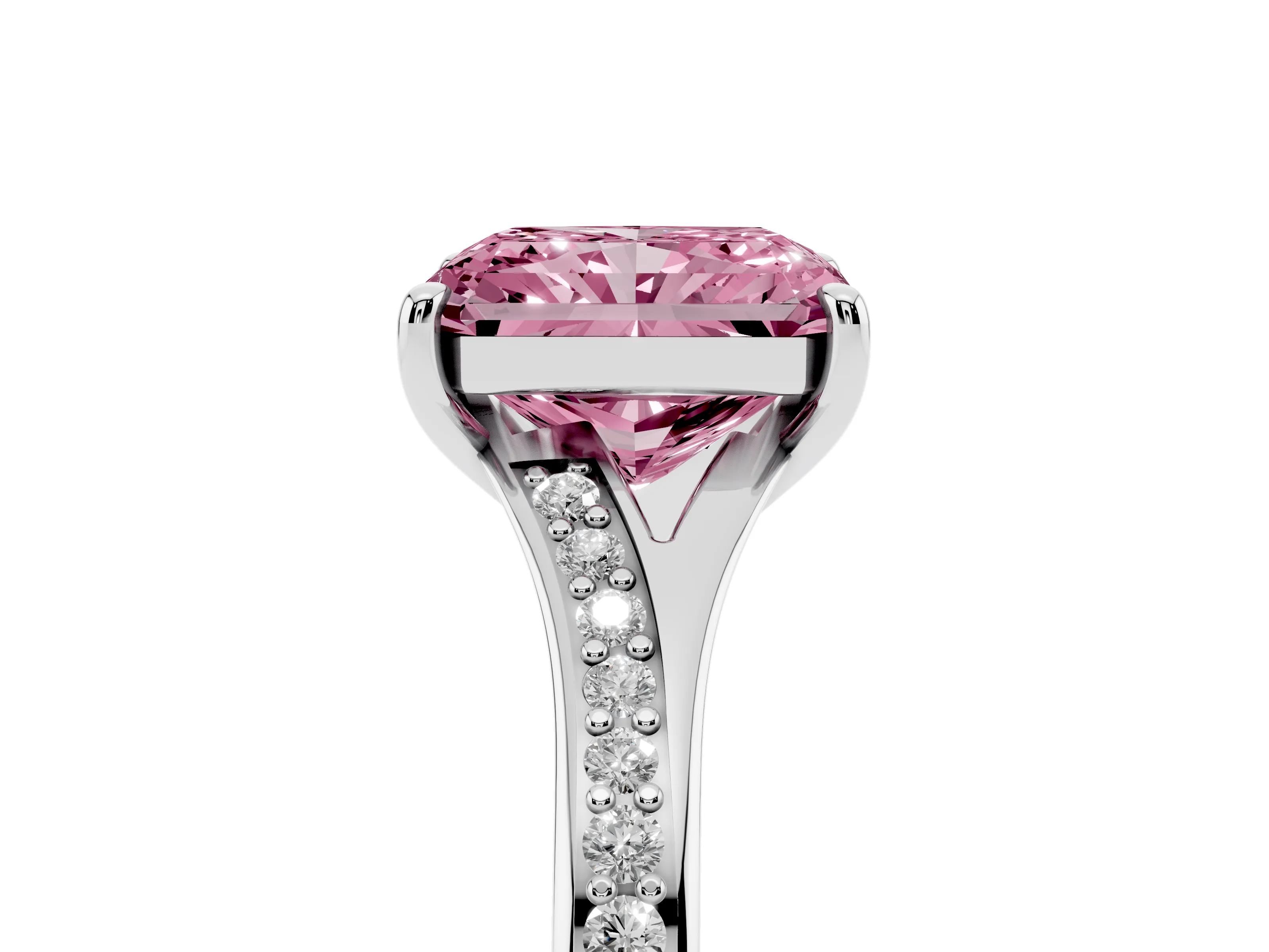Fancy Pink Radiant Cut Diamond Solitaire Ring Set in Platinum with Pavé Accent Band and Classic Prong Setting