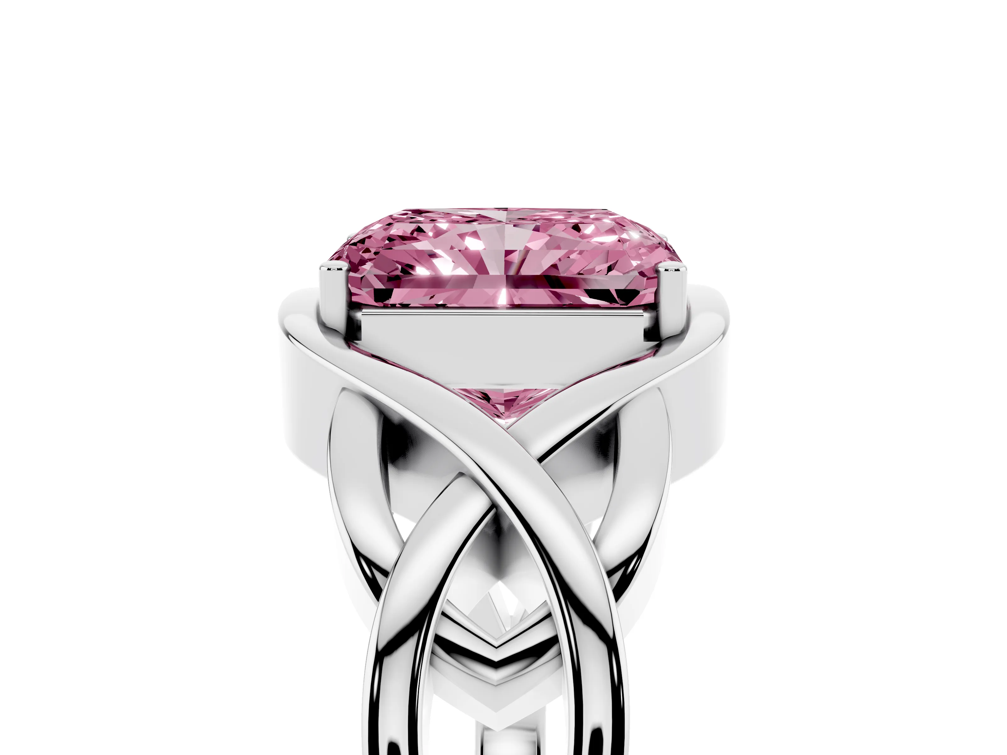 Fancy Pink Radiant Cut Diamond Solitaire Ring Set in White gold with Intertwined Band