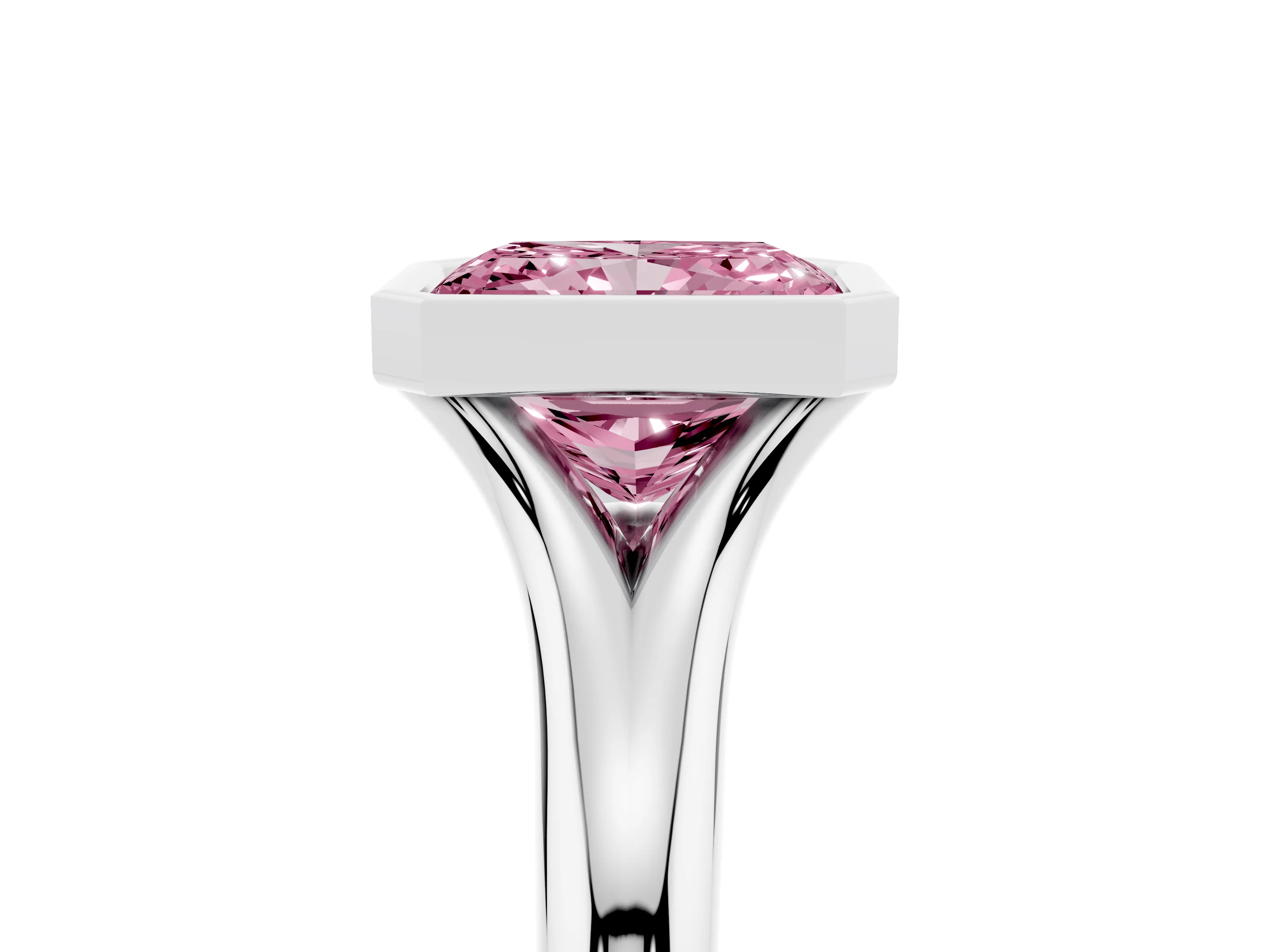 Fancy Pink Bezel Set Radiant Cut Diamond Solitaire Ring Set in Platinum with Smooth Band