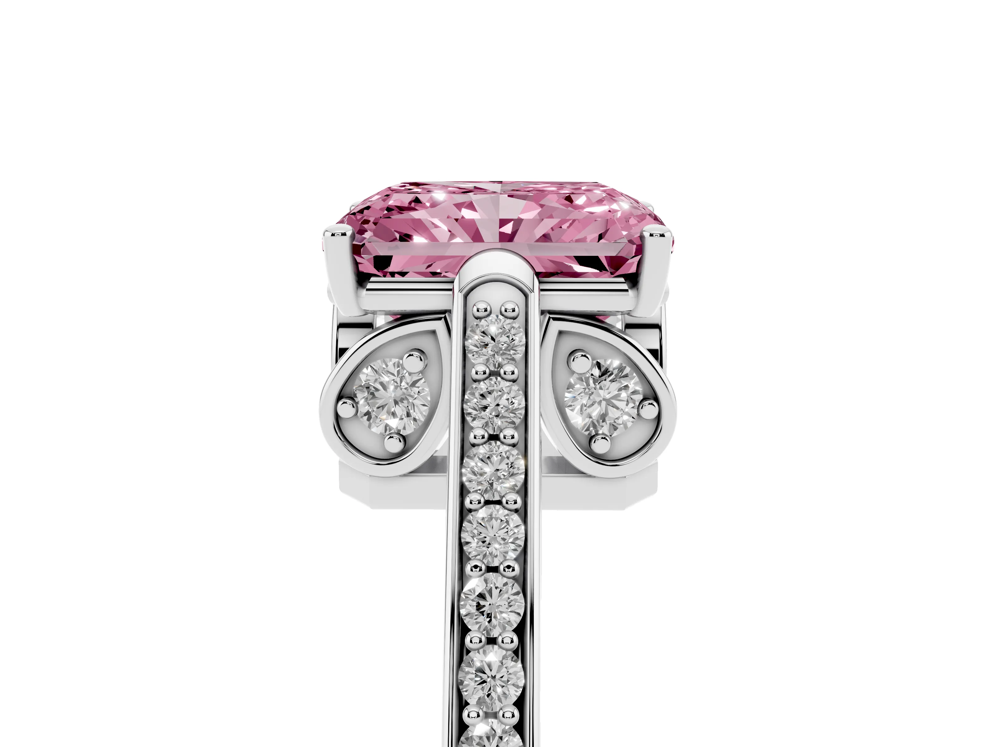 Fancy Pink Radiant Cut Diamond Cathedral Pavé Engagement Ring Set in White gold with Prong Setting