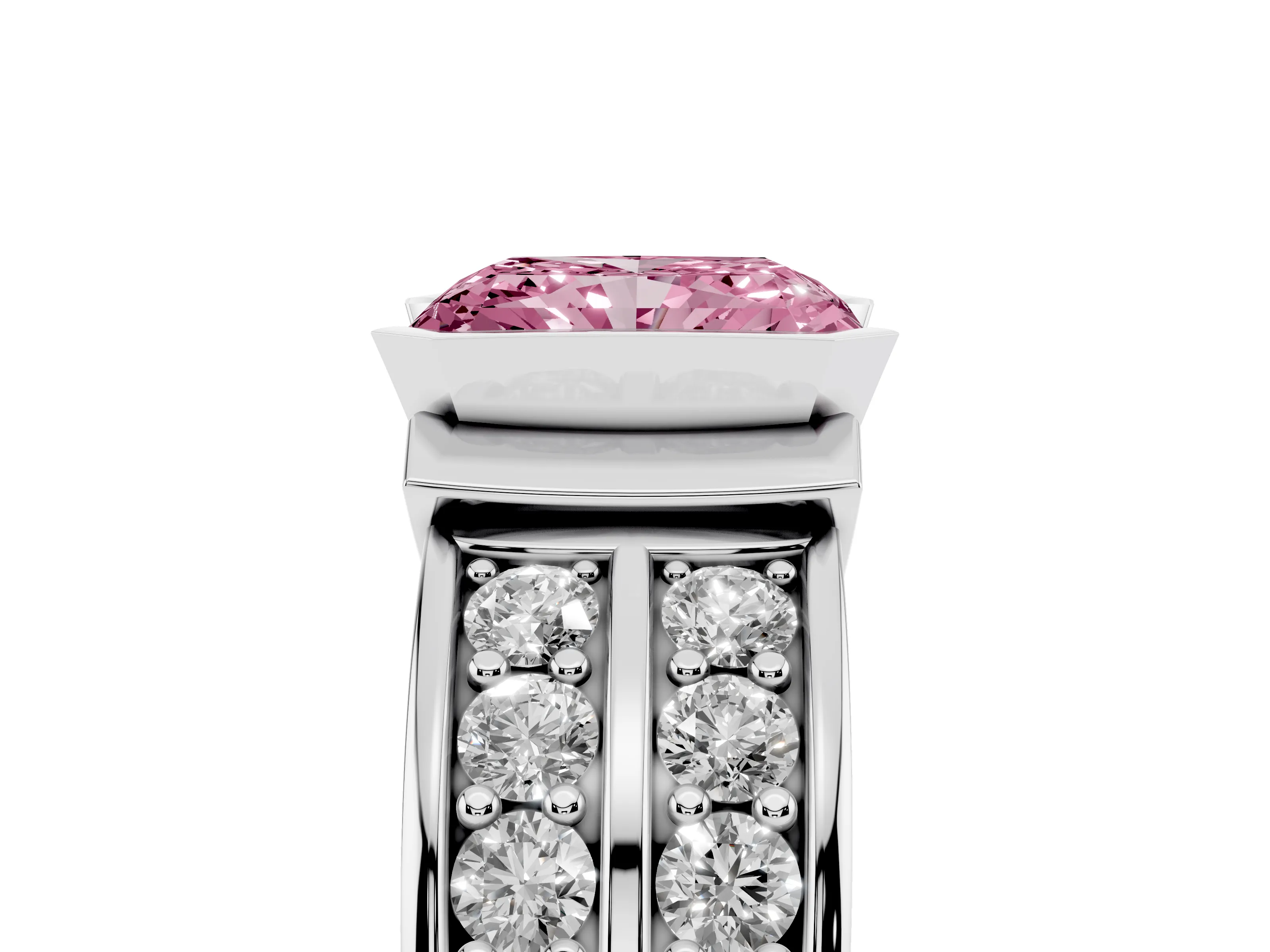 Fancy Pink Radiant Cut Diamond Wide Channel Set Band Ring Set in White gold with Bezel Setting