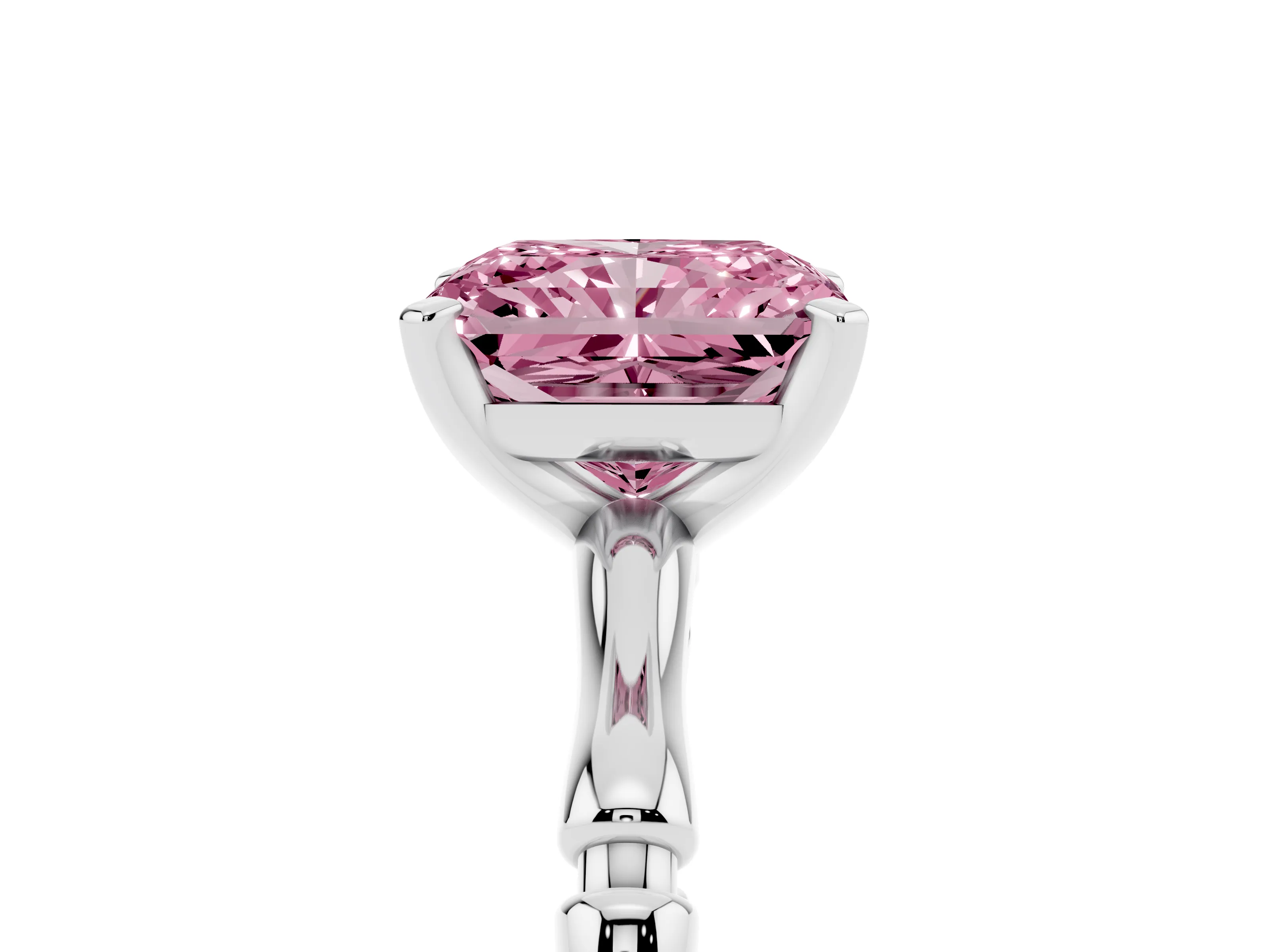 Fancy Pink Radiant Cut Diamond Solitaire Ring Set in Silver with Bamboo Band and Prong Setting